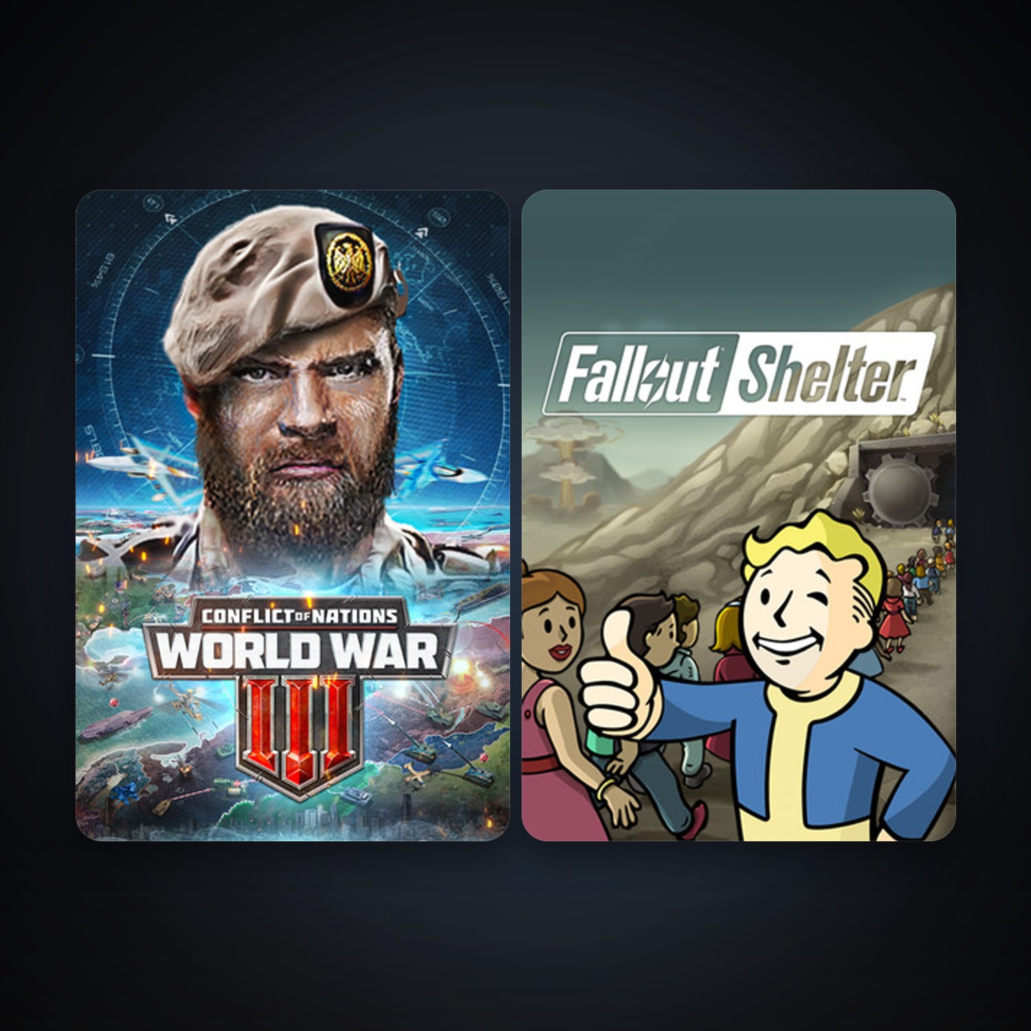 Fallout Shelter + CONFLICT OF NATIONS: WORLD WAR 3, 4 games, clean — HabibiAccounts