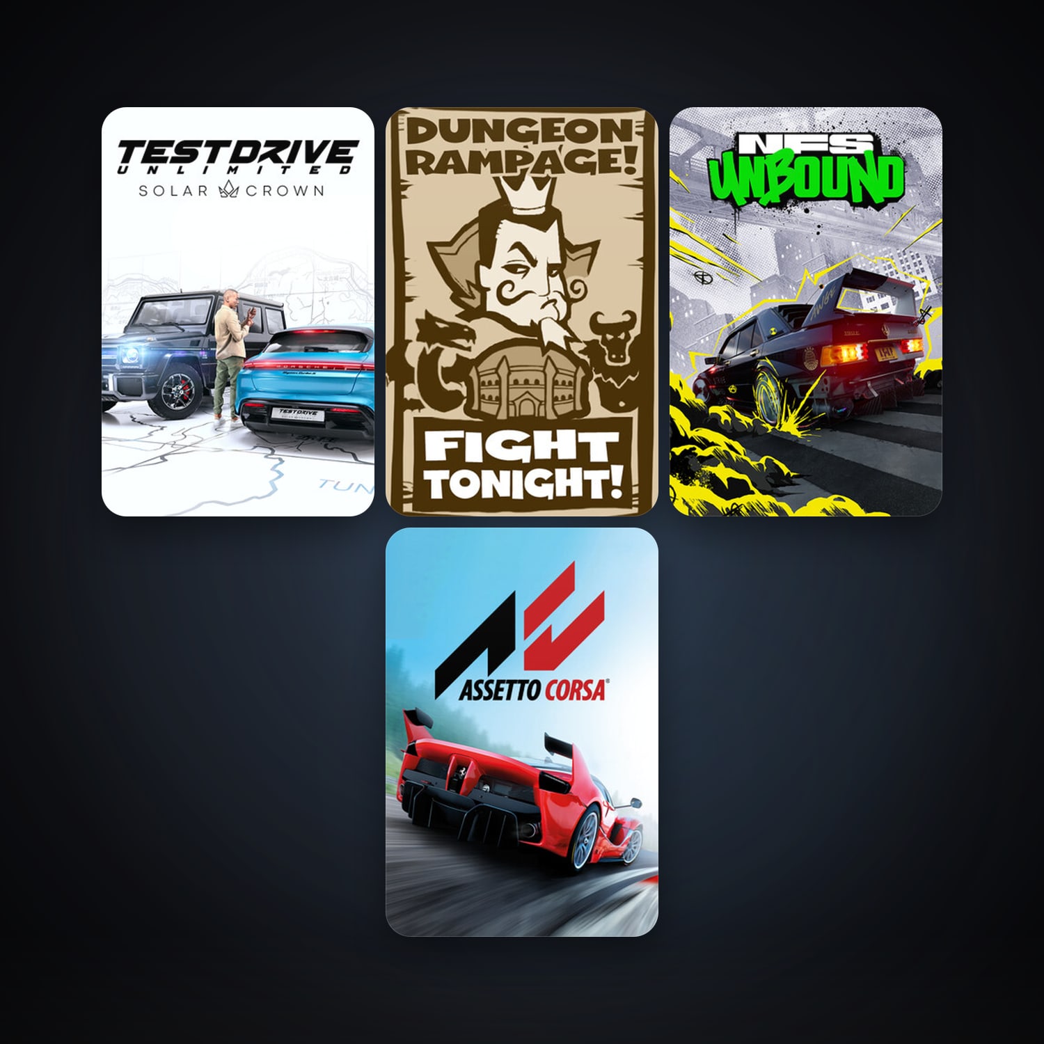 Assetto Corsa + Test Drive Unlimited Solar Crown, 5 games, clean — HabibiAccounts