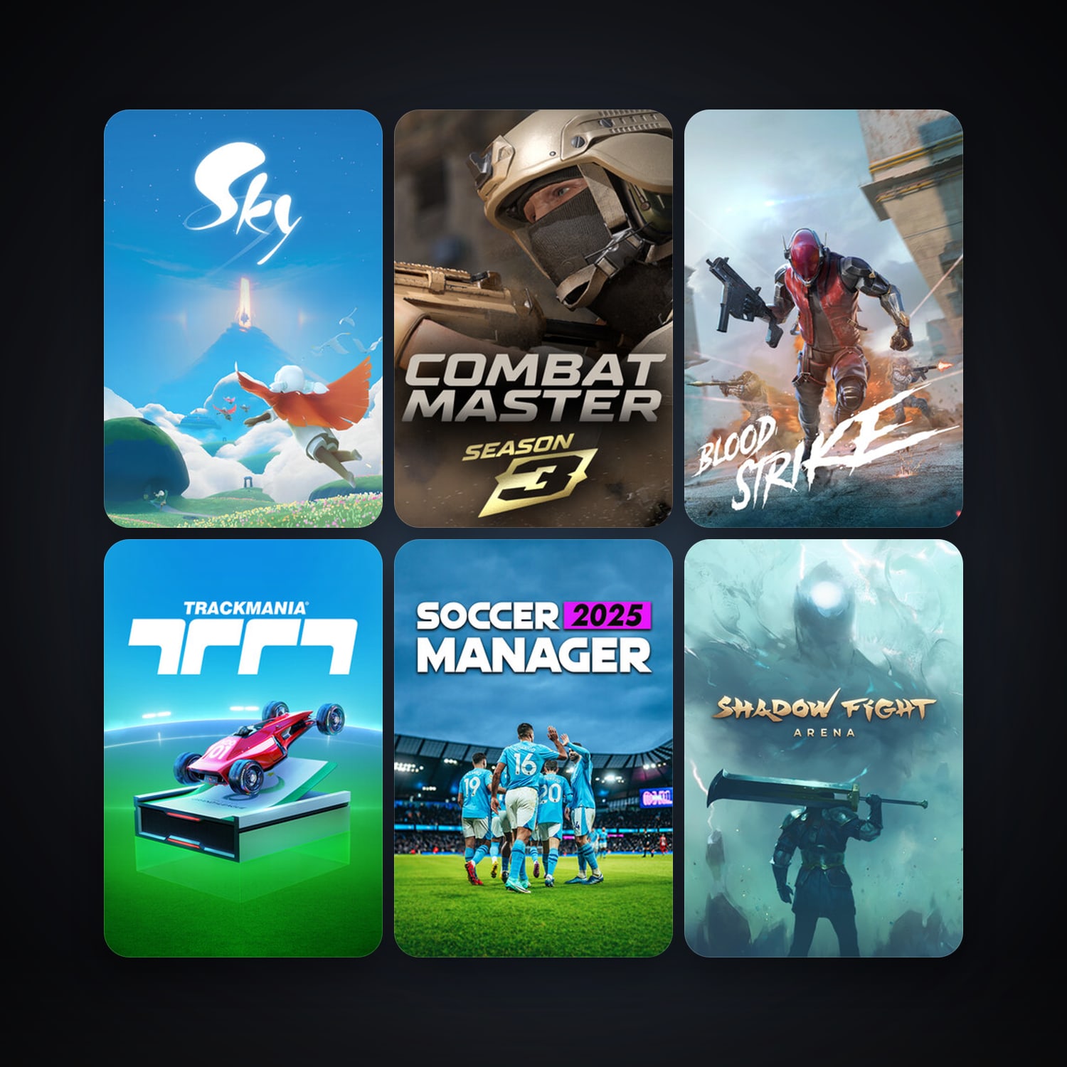 Shadow Fight Arena + Trackmania, 11 games, clean — HabibiAccounts