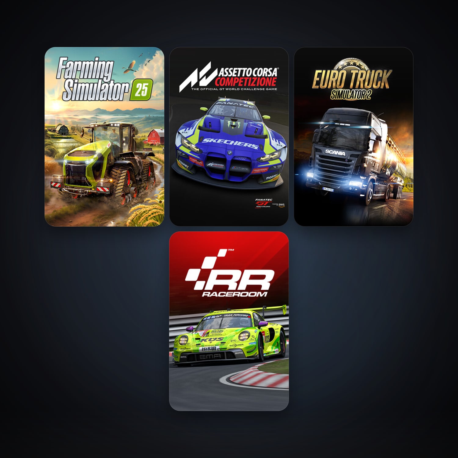 RaceRoom Racing Experience + Euro Truck Simulator 2, 9 games, clean — HabibiAccounts