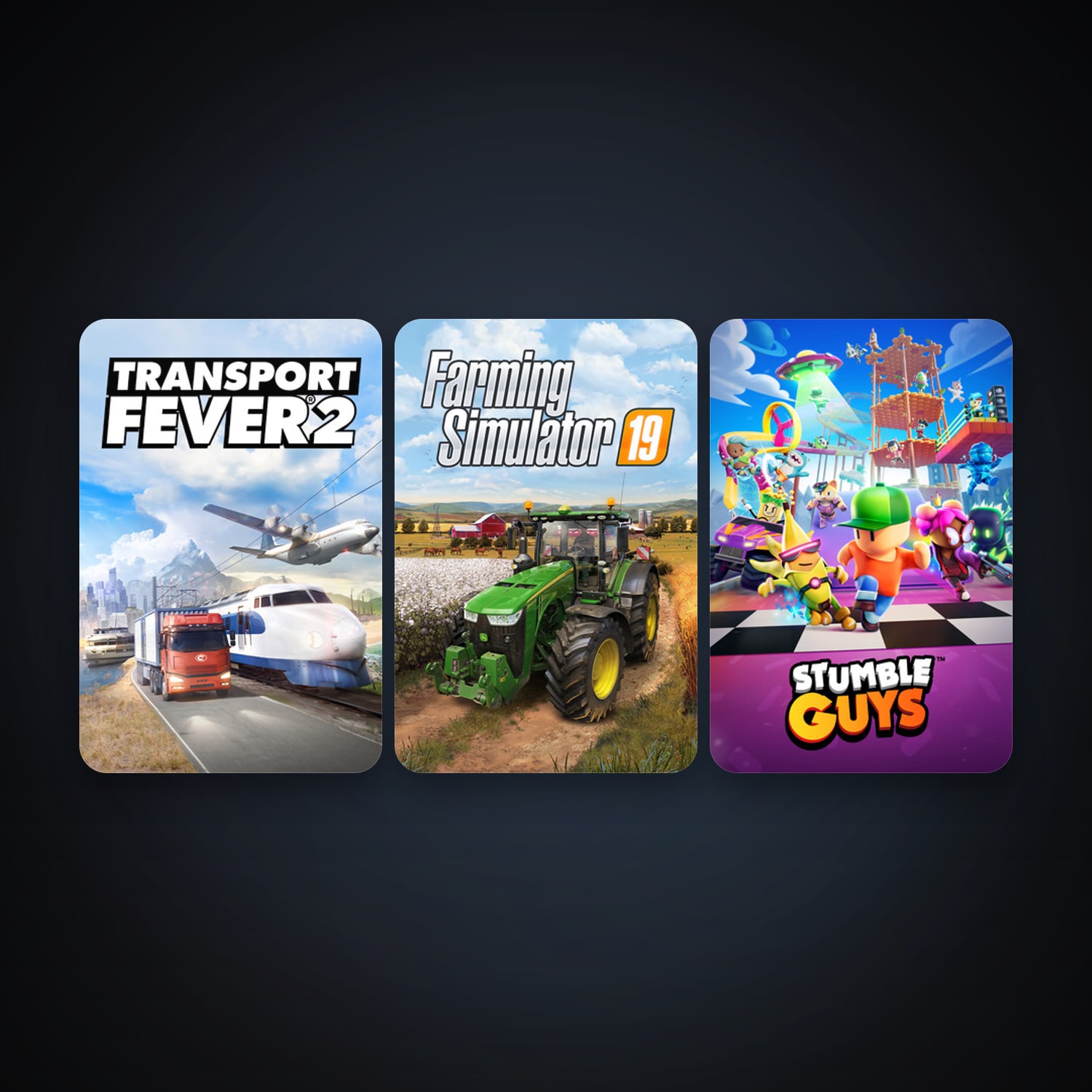 Farming Simulator 19 + Transport Fever 2, 3 games, clean — HabibiAccounts