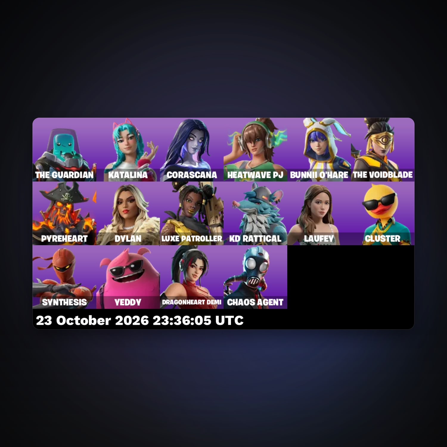 حساب فورتنايت Laufey وThe Guardian، لوكر 16 سكن، 700 فيبوكس، لفل 210، 18 فوز — HabibiAccounts
