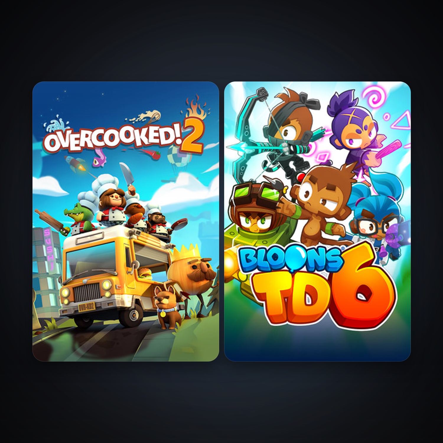 Overcooked! 2 + Bloons TD 6, 4 games, clean — HabibiAccounts