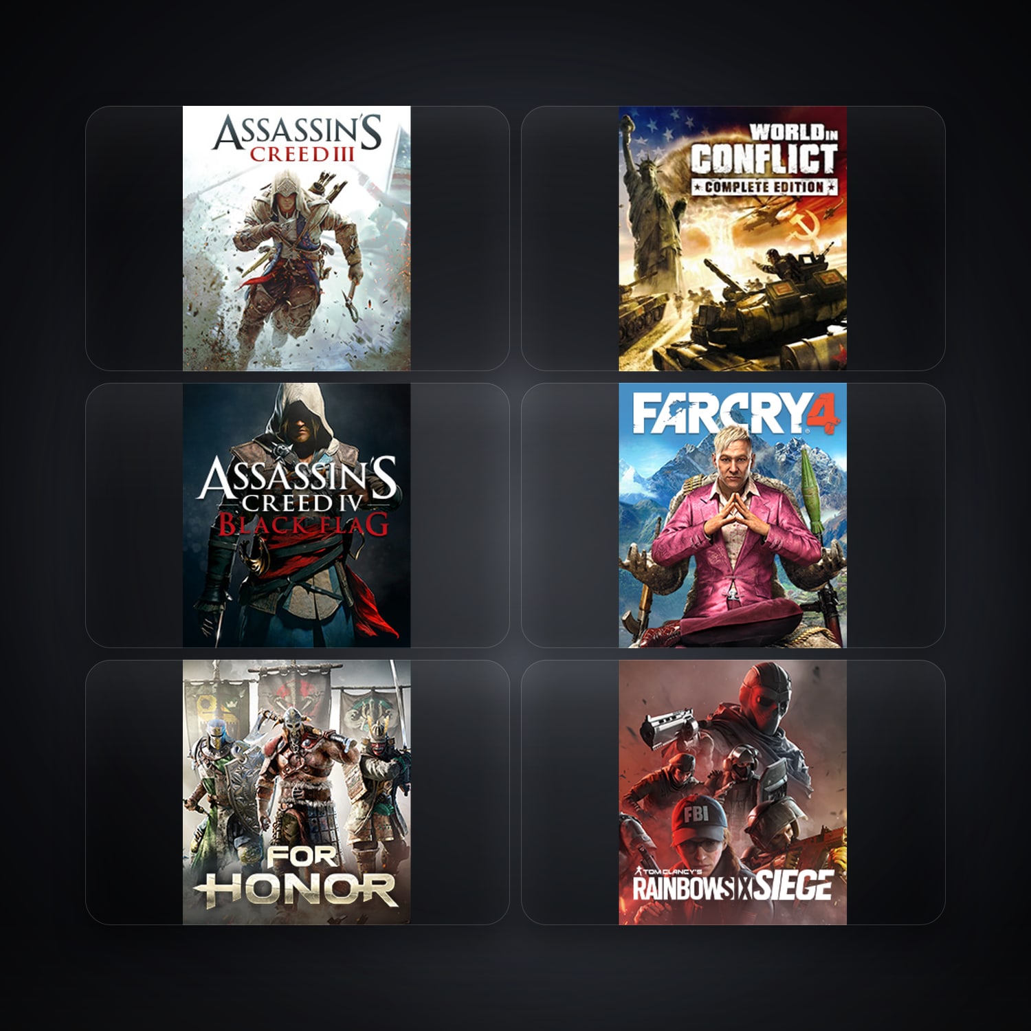 هالحساب يوبيسوفت فيه Assassin's Creed III وWorld In Conflict، IN، 8 ألعاب — HabibiAccounts