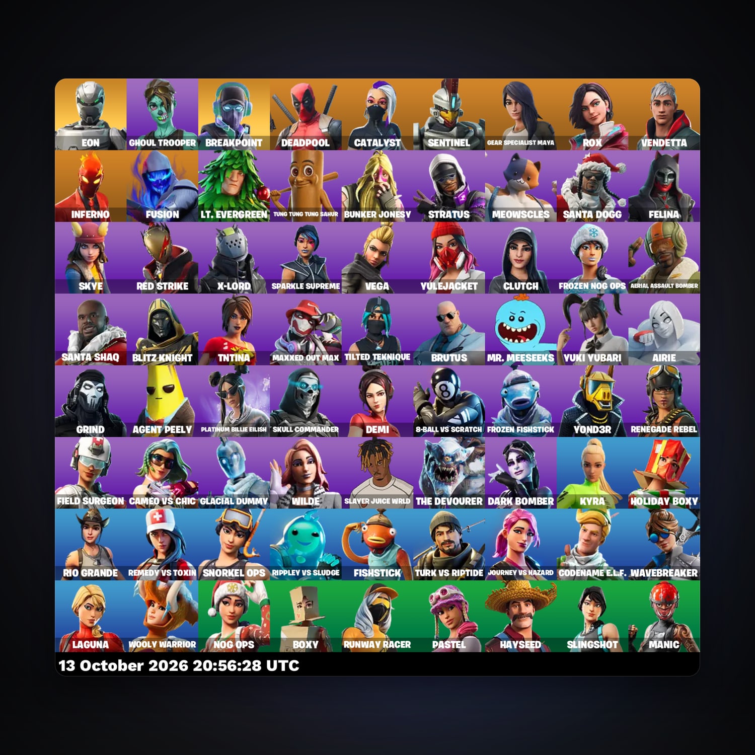 حساب فورتنايت Ghoul Trooper وDeadpool، لوكر 72 سكن، لفل 2208، 166 فوز — HabibiAccounts