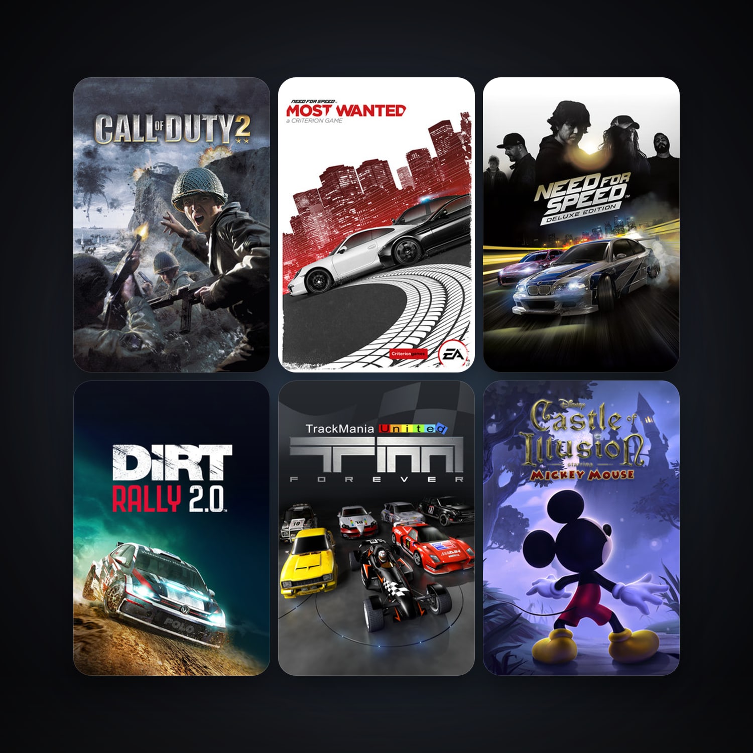 Call of Duty 2 + Trackmania United Forever, 12 games, clean — HabibiAccounts