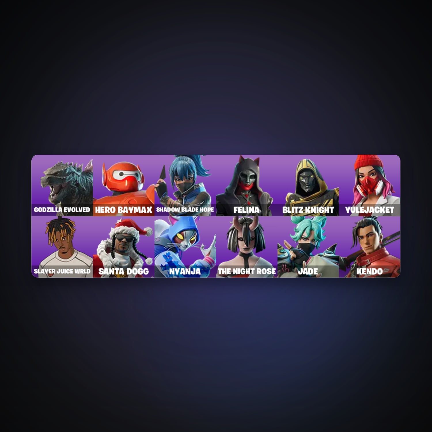 حساب فورتنايت Slayer Juice WRLD وSanta Dogg، لوكر 13 سكن، 1.4K فيبوكس، لفل 802، 73 فوز — HabibiAccounts