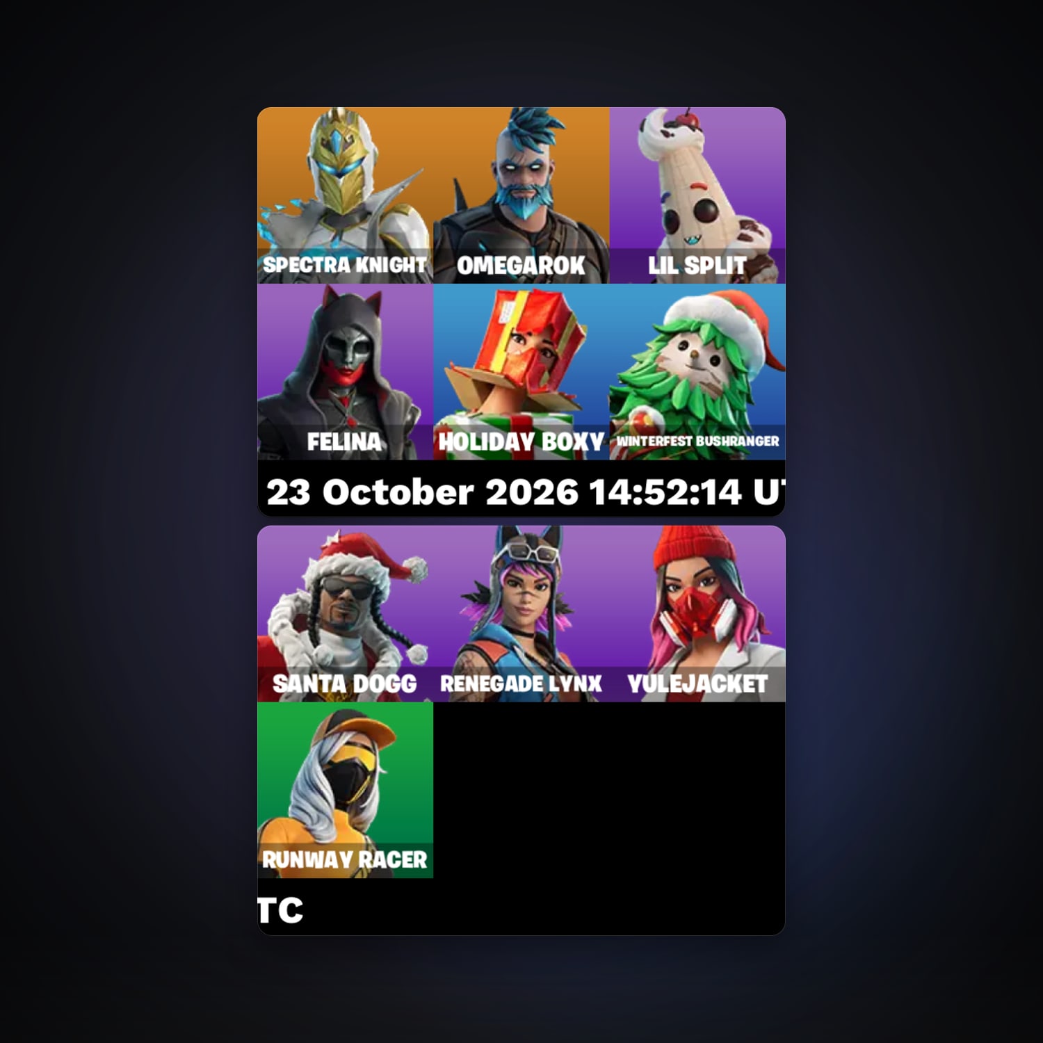 حساب فورتنايت Spectra Knight وOmegarok، لوكر 10 سكن، 950 فيبوكس، لفل 1002، 135 فوز — HabibiAccounts