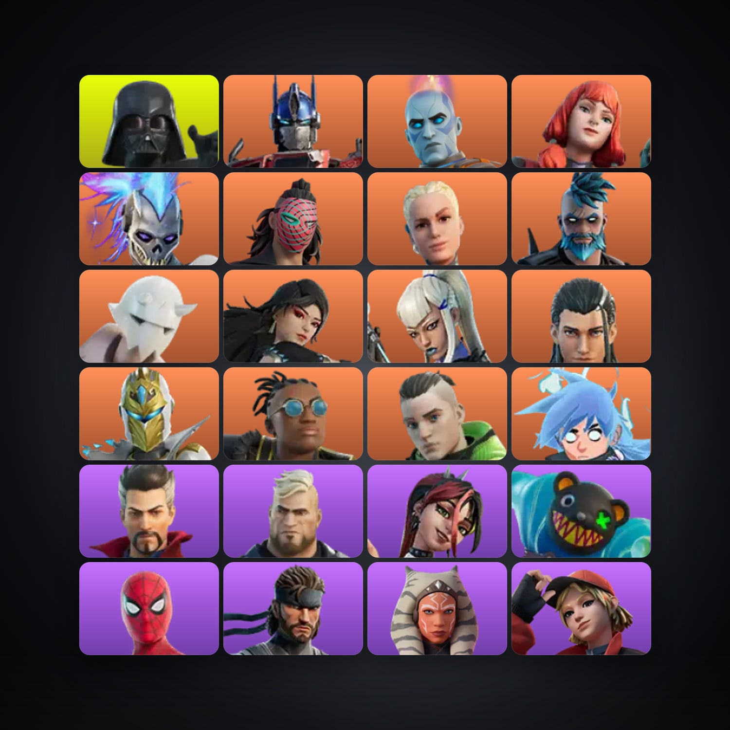 حساب فورتنايت Darth Vader وOptimus Prime، لوكر 77 سكن، 700 فيبوكس، لفل 1503، 312 فوز — HabibiAccounts