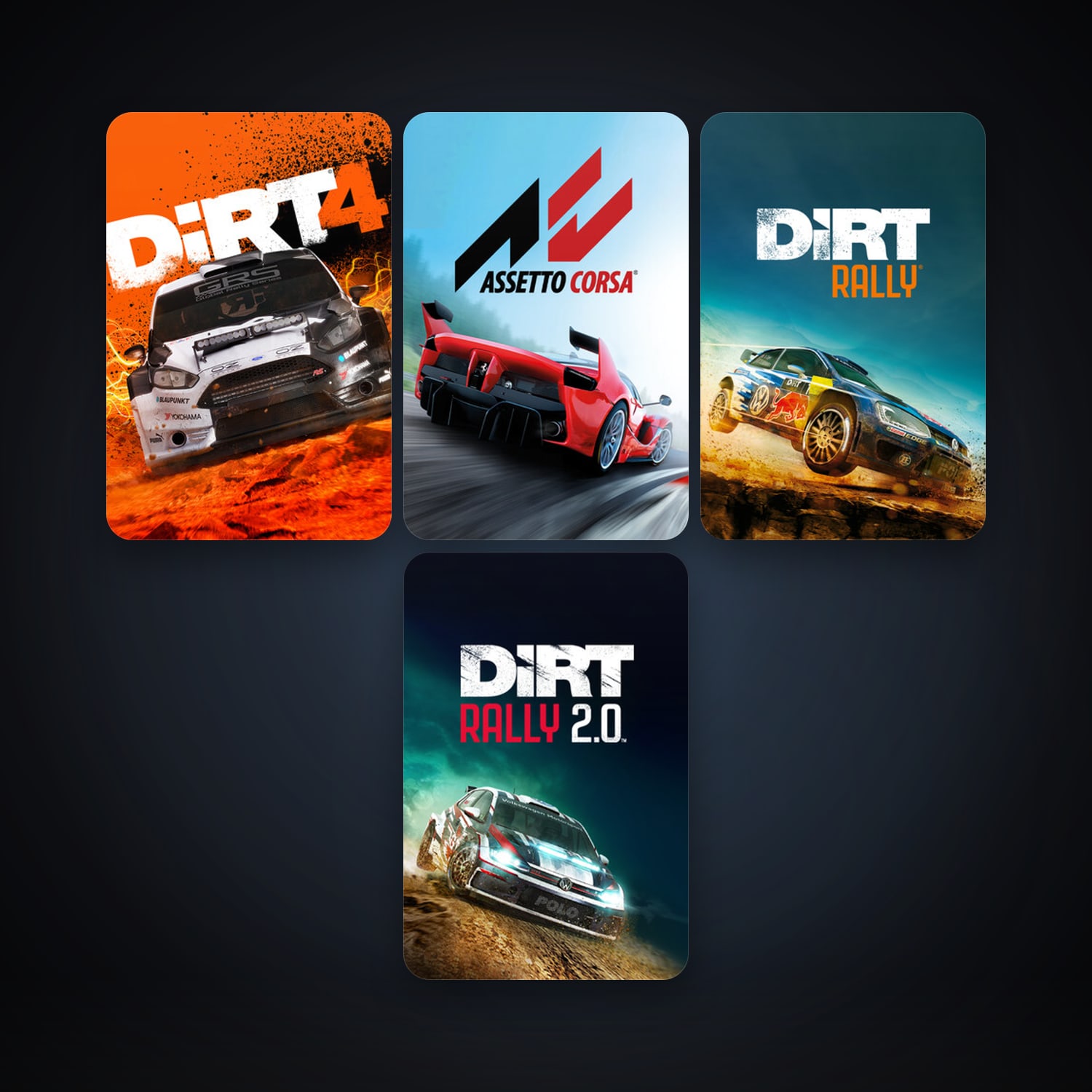 Assetto Corsa + DiRT Rally, 4 games, clean — HabibiAccounts