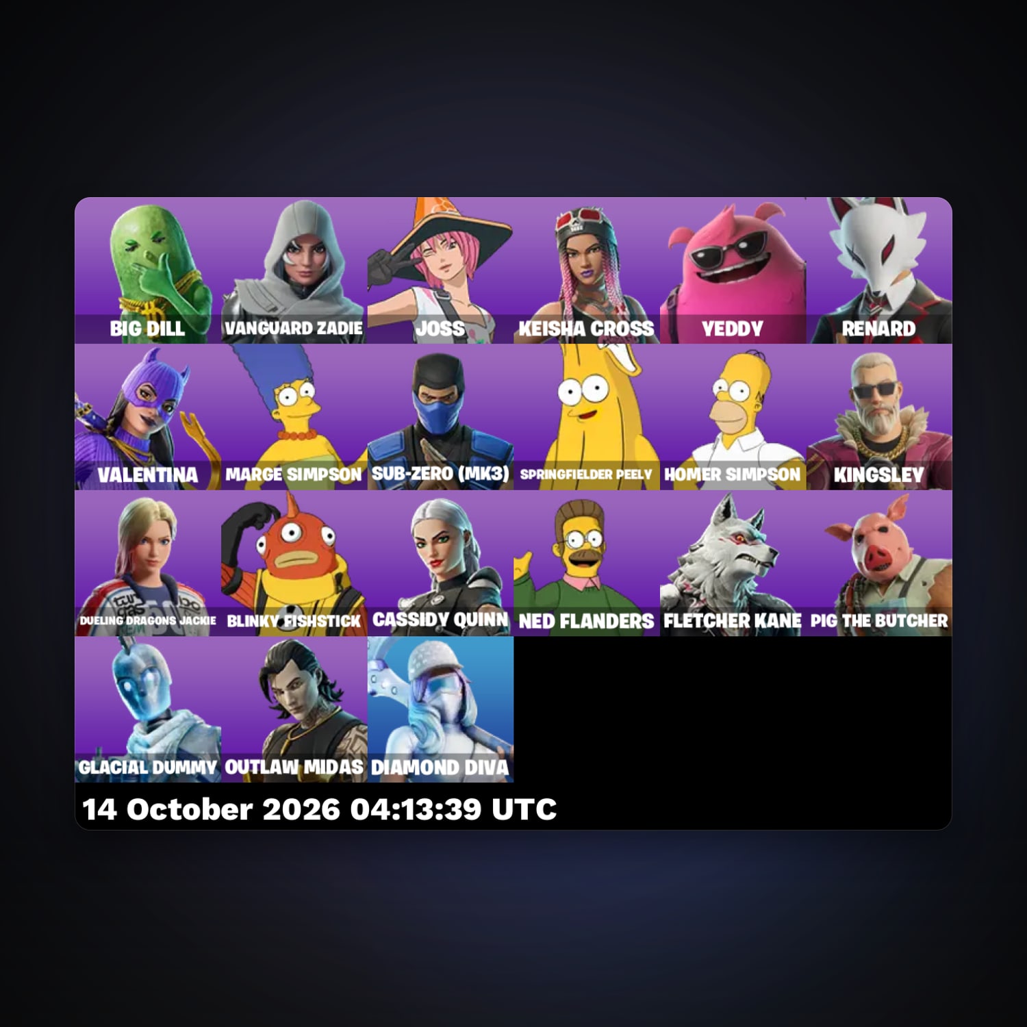 حساب فورتنايت Big Dill وVanguard Zadie، لوكر 21 سكن، 100 فيبوكس، لفل 666، 23 فوز — HabibiAccounts