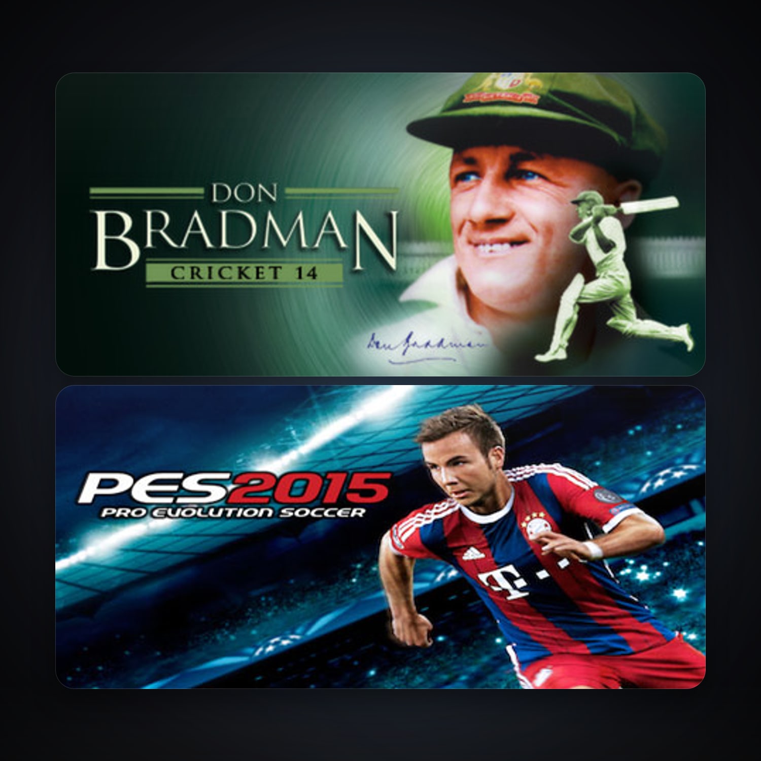 Don Bradman Cricket 14 + Pro Evolution Soccer 2015, 3 games, clean — HabibiAccounts
