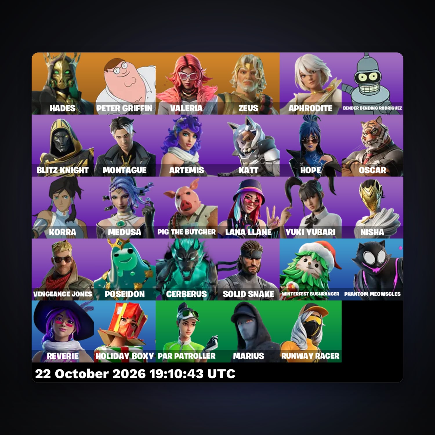 حساب فورتنايت Hades وPeter Griffin، لوكر 29 سكن، لفل 626، 59 فوز — HabibiAccounts