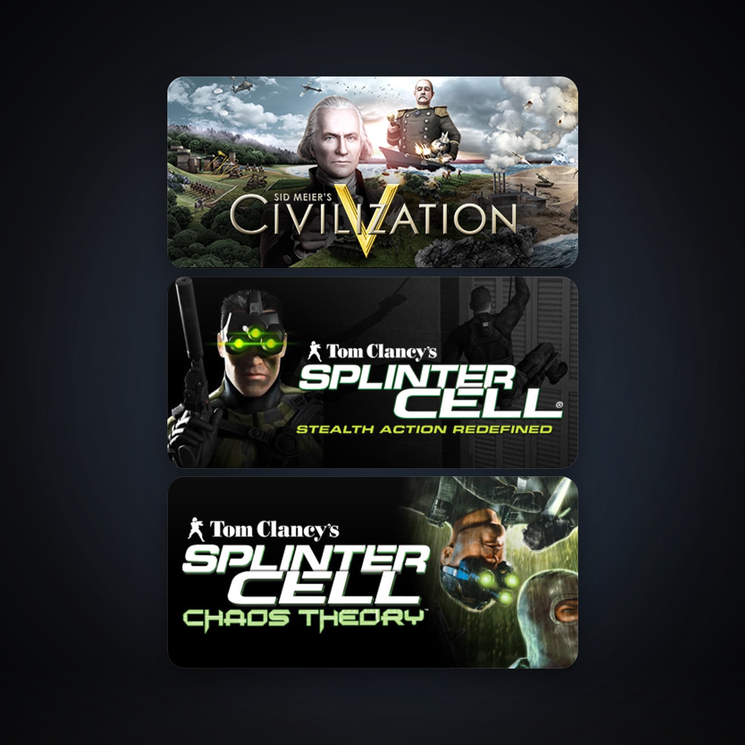 Sid Meier's Civilization V + Tom Clancy's Splinter Cell, 5 games, clean — HabibiAccounts
