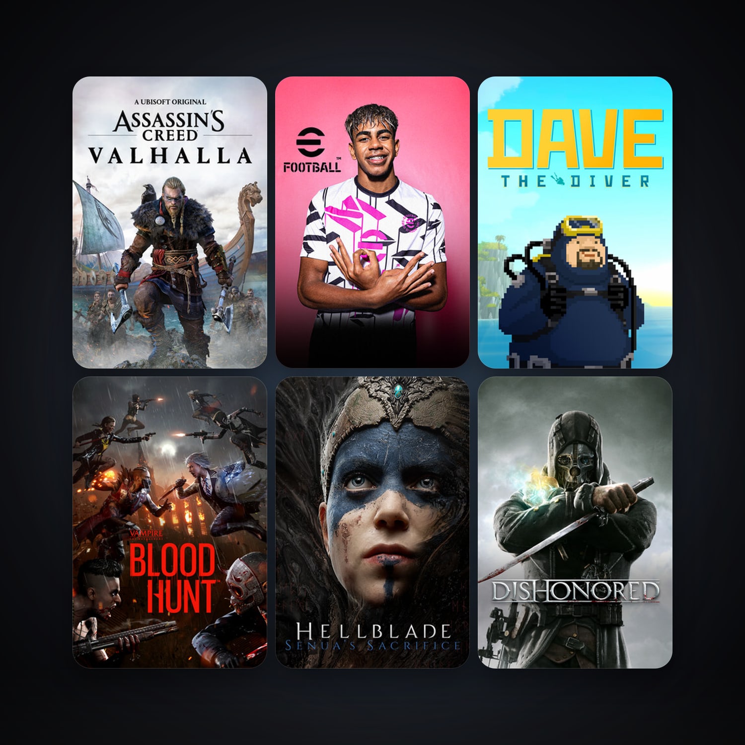 Dishonored + Hellblade: Senua's Sacrifice, 14 games, clean — HabibiAccounts