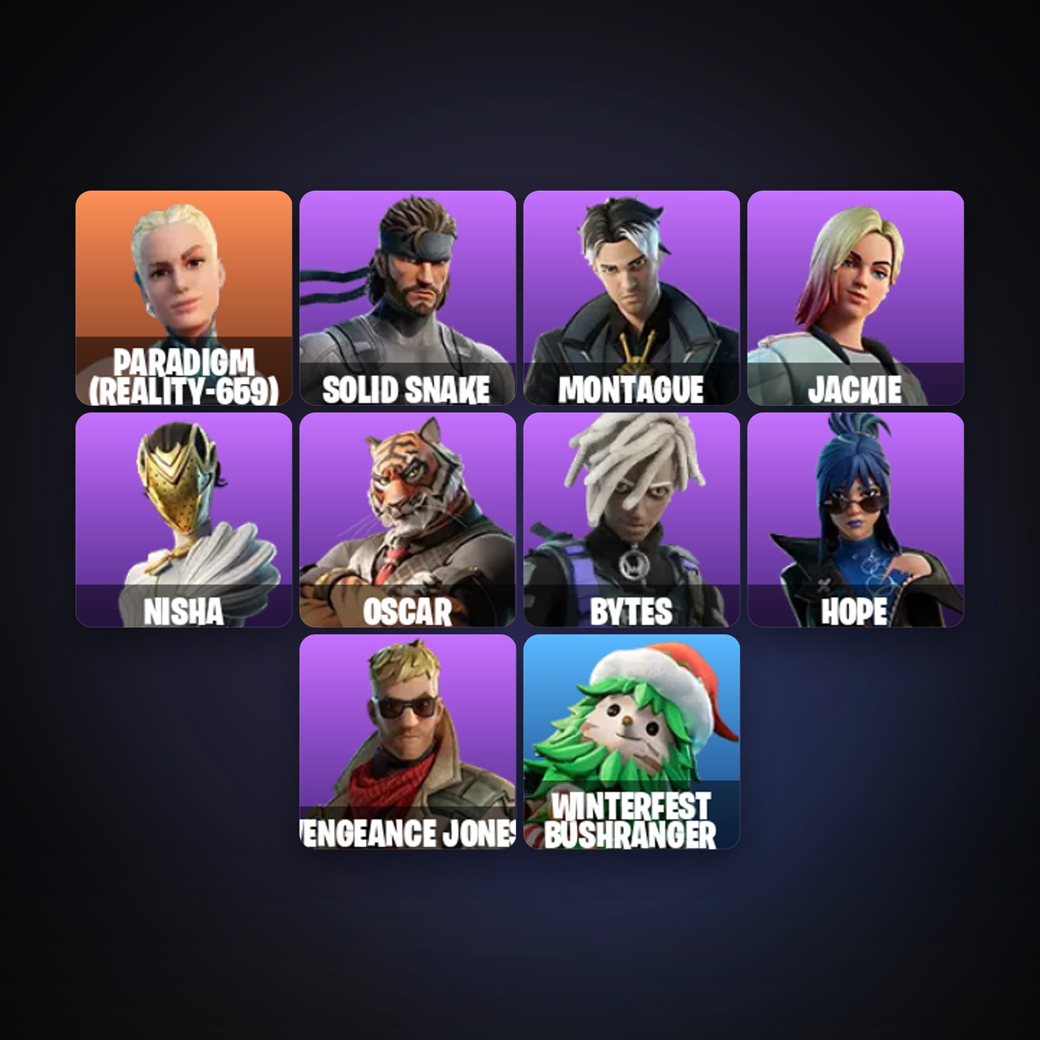 Fortnite account with Paradigm (Reality-659) & Solid Snake — 11 skins — 600 V-Bucks — lvl 292 — HabibiAccounts