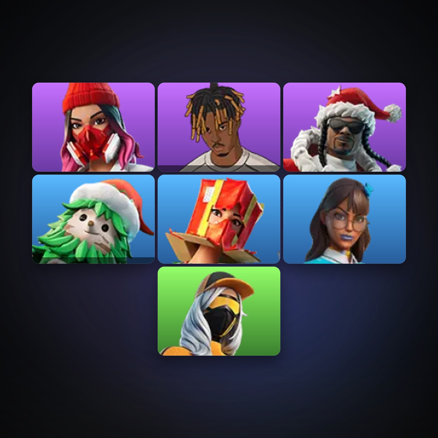 حساب فورتنايت Slayer Juice WRLD وSanta Dogg، لوكر 7 سكن، 300 فيبوكس، لفل 712، 135 فوز — HabibiAccounts