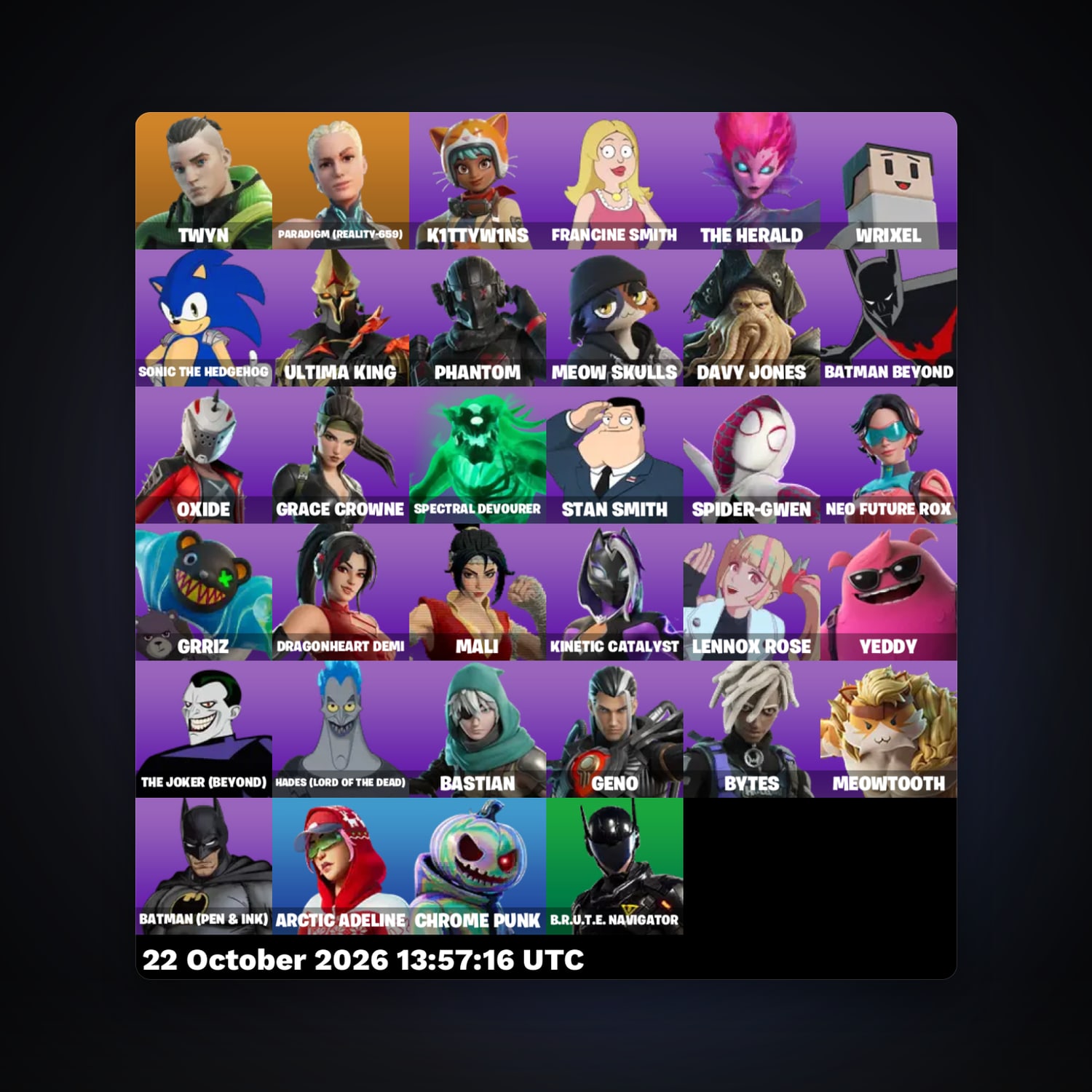 حساب فورتنايت Twyn وParadigm (Reality-659)، لوكر 34 سكن، 100 فيبوكس، لفل 357، 125 فوز — HabibiAccounts