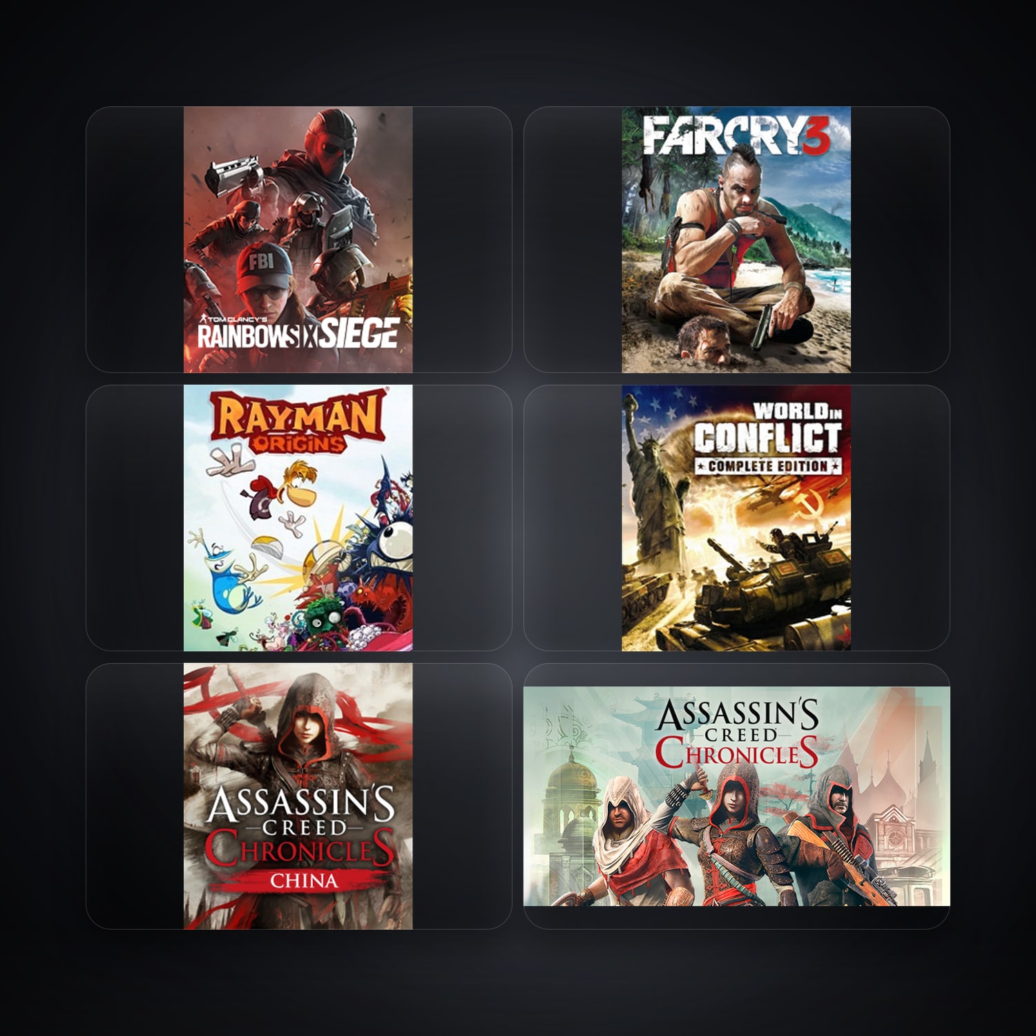 حساب يوبيسوفت فيه Tom Clancy's Rainbow Six Siege (Steam) وFar Cry 3 Deluxe Edition، TR، 12 ألعاب — HabibiAccounts