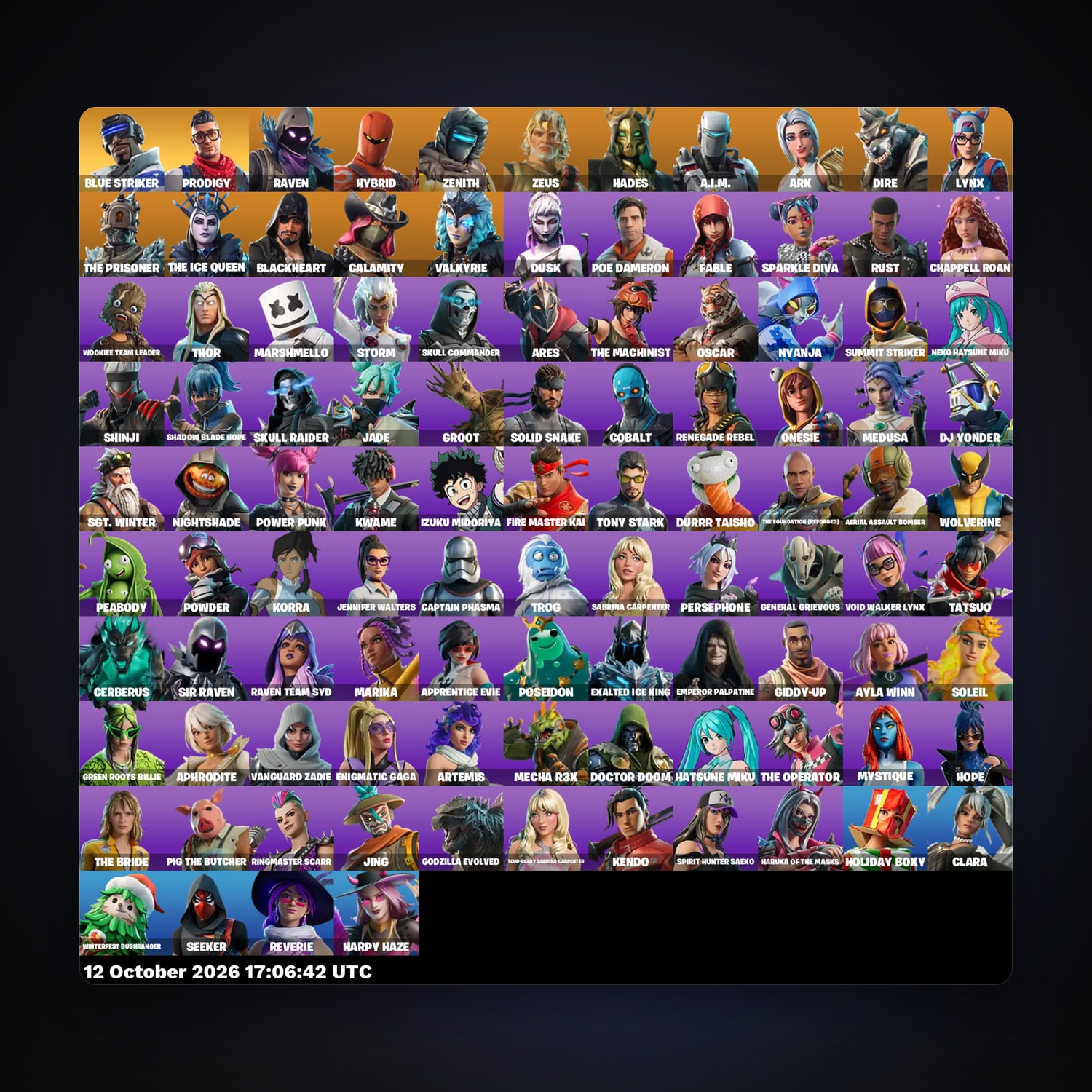 حساب فورتنايت Raven وHybrid، اللوكر مليان 103 سكن، 1.3K فيبوكس، لفل 966، 99 فوز — HabibiAccounts