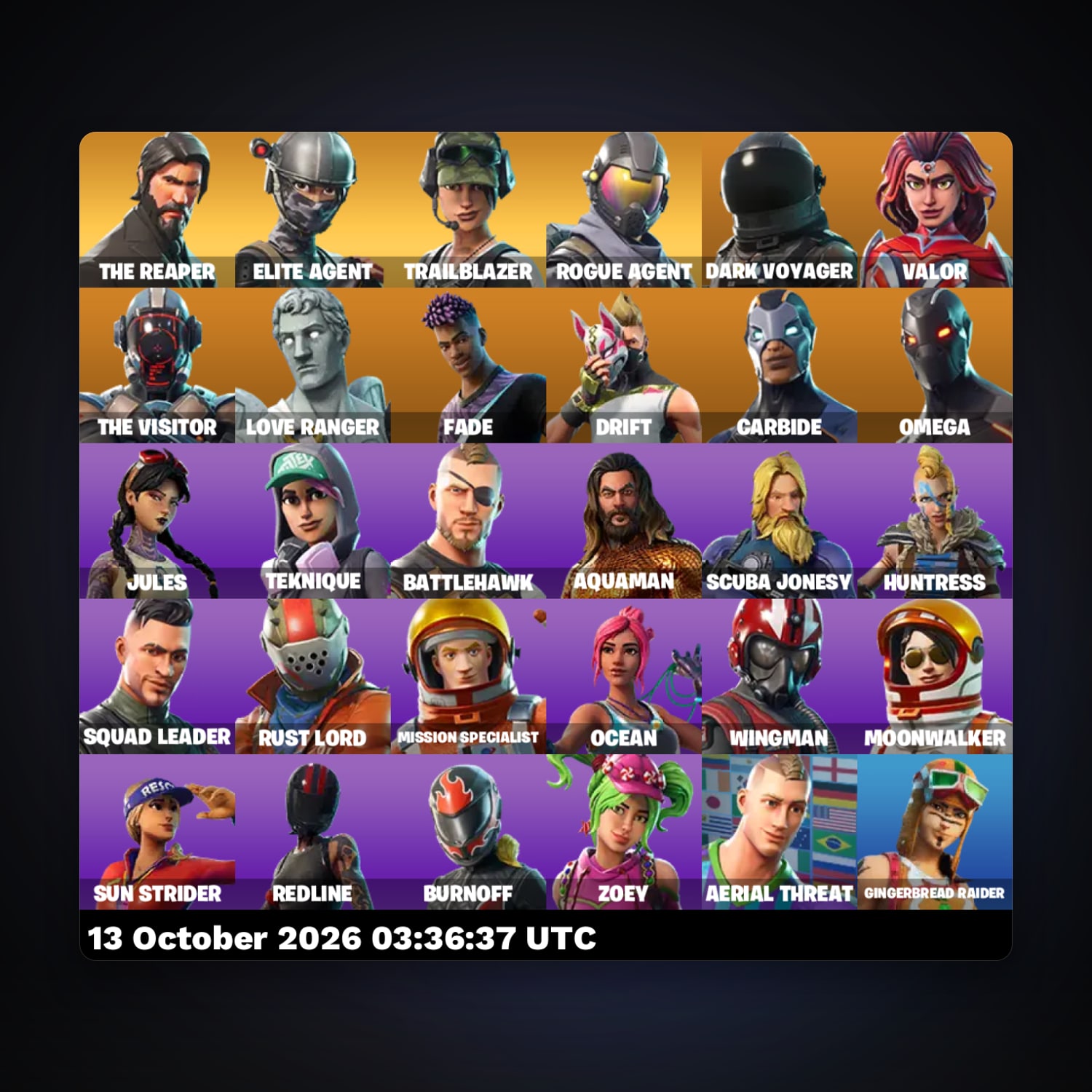 حساب فورتنايت Elite Agent وRogue Agent، لوكر 30 سكن، 800 فيبوكس، لفل 656، 88 فوز — HabibiAccounts