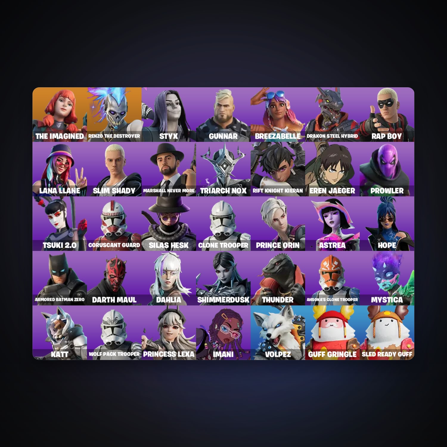 حساب فورتنايت The Imagined وRenzo the Destroyer، لوكر 37 سكن، 5.8K فيبوكس، لفل 163، 15 فوز — HabibiAccounts