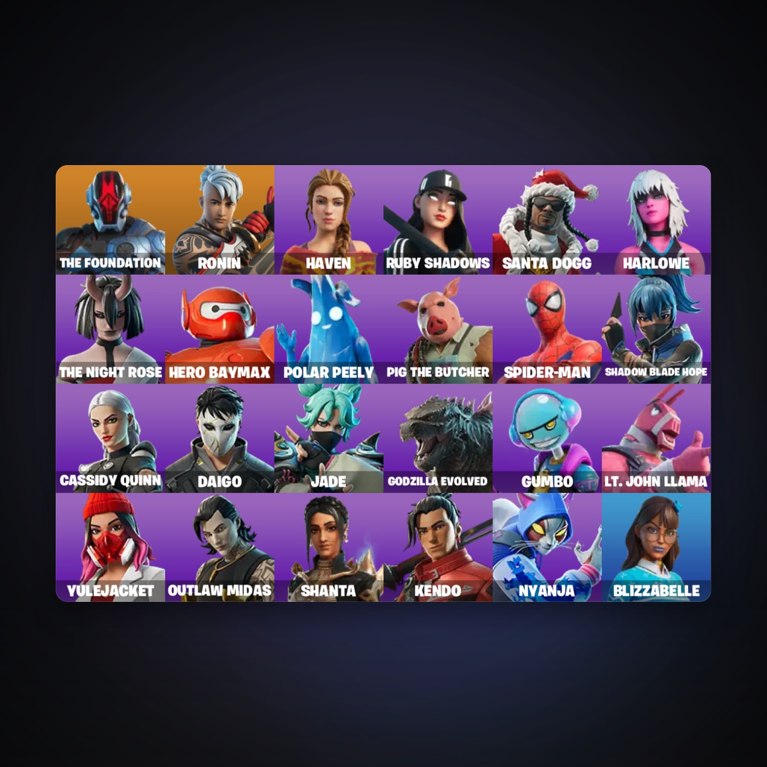 حساب فورتنايت The Foundation وRonin، لوكر 26 سكن، 650 فيبوكس، لفل 1080، 118 فوز — HabibiAccounts