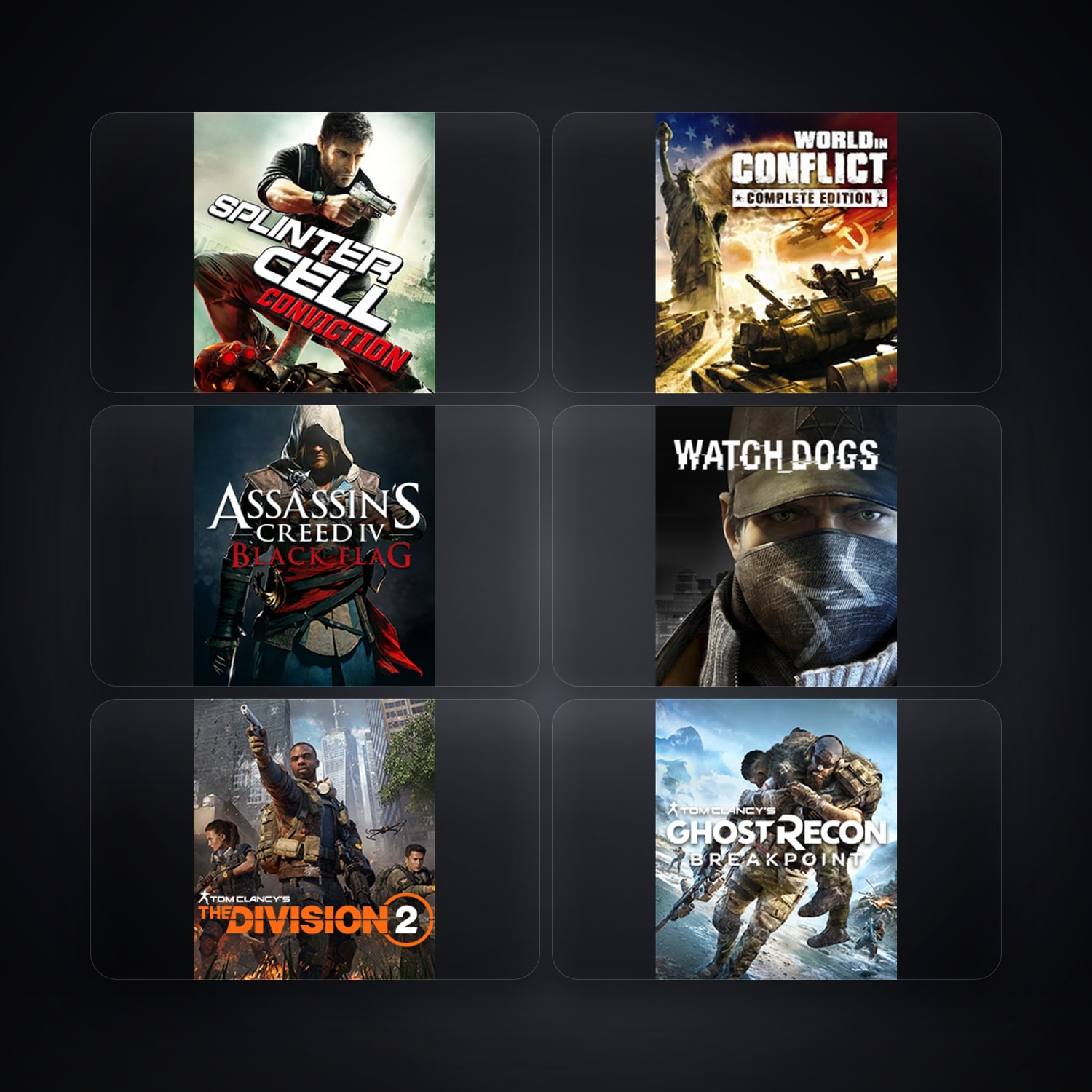 حساب يوبيسوفت فيه Tom Clancy's Splinter Cell Conviction وWorld In Conflict، TH، 6 ألعاب — HabibiAccounts