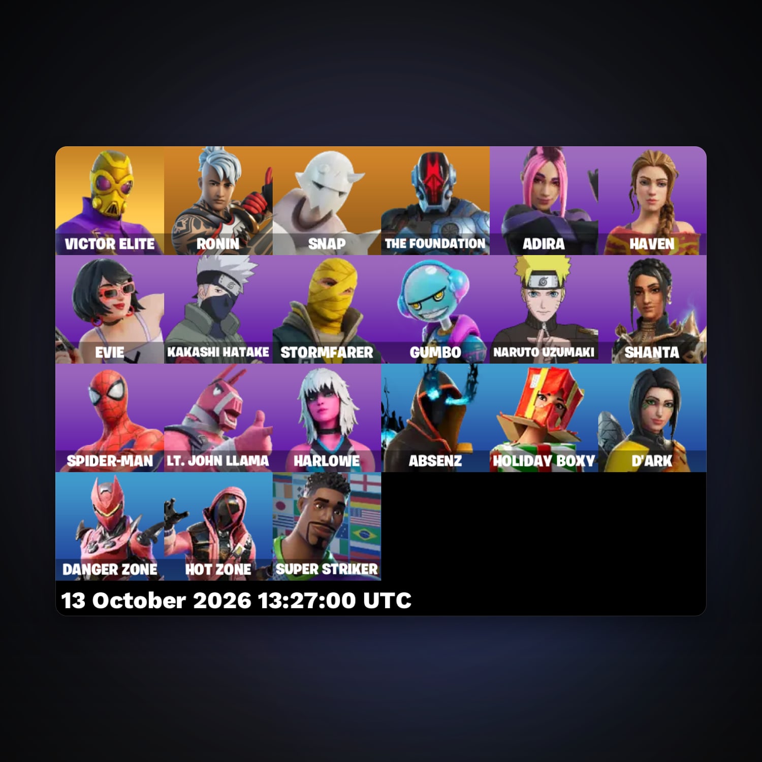 حساب فورتنايت Victor Elite وRonin، لوكر 21 سكن، 100 فيبوكس، لفل 191، 12 فوز — HabibiAccounts