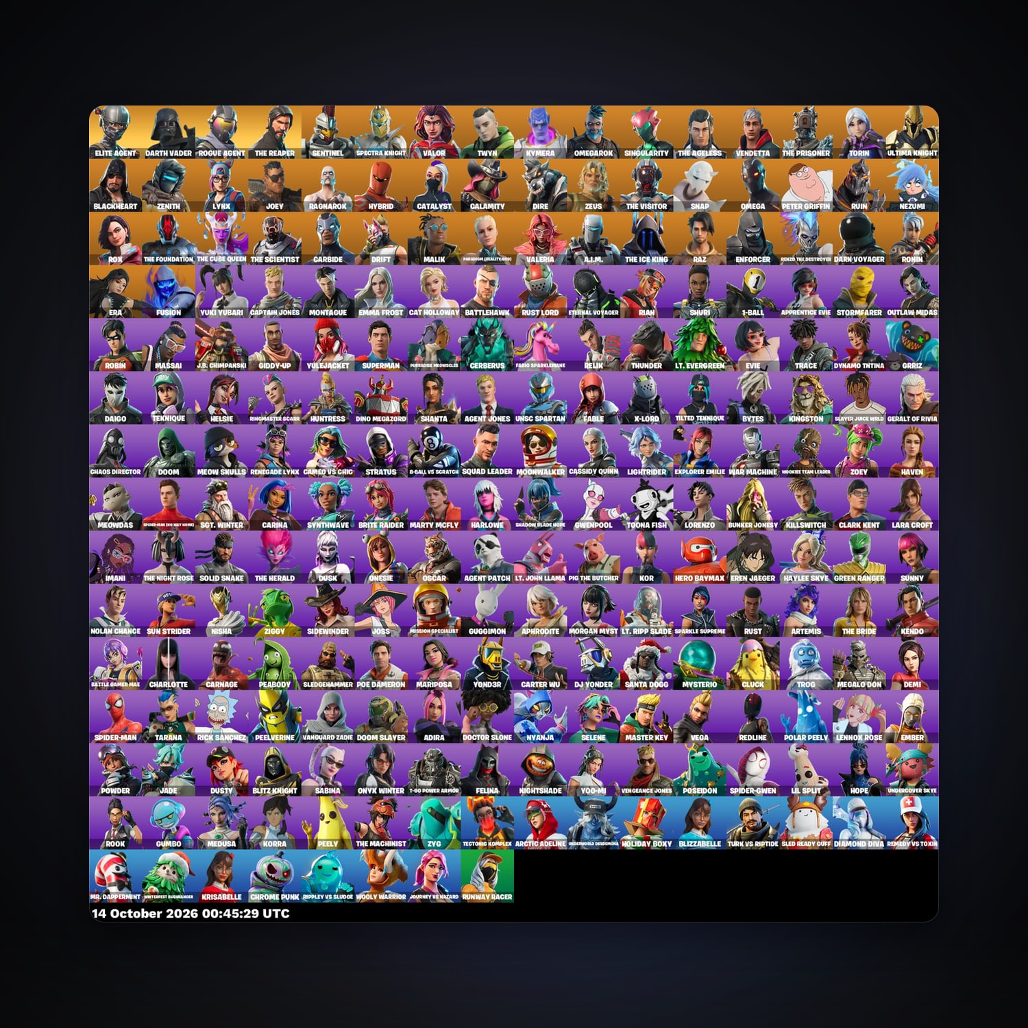حساب فورتنايت Elite Agent وRogue Agent، اللوكر مليان 232 سكن، 800 فيبوكس، لفل 3609، 538 فوز — HabibiAccounts