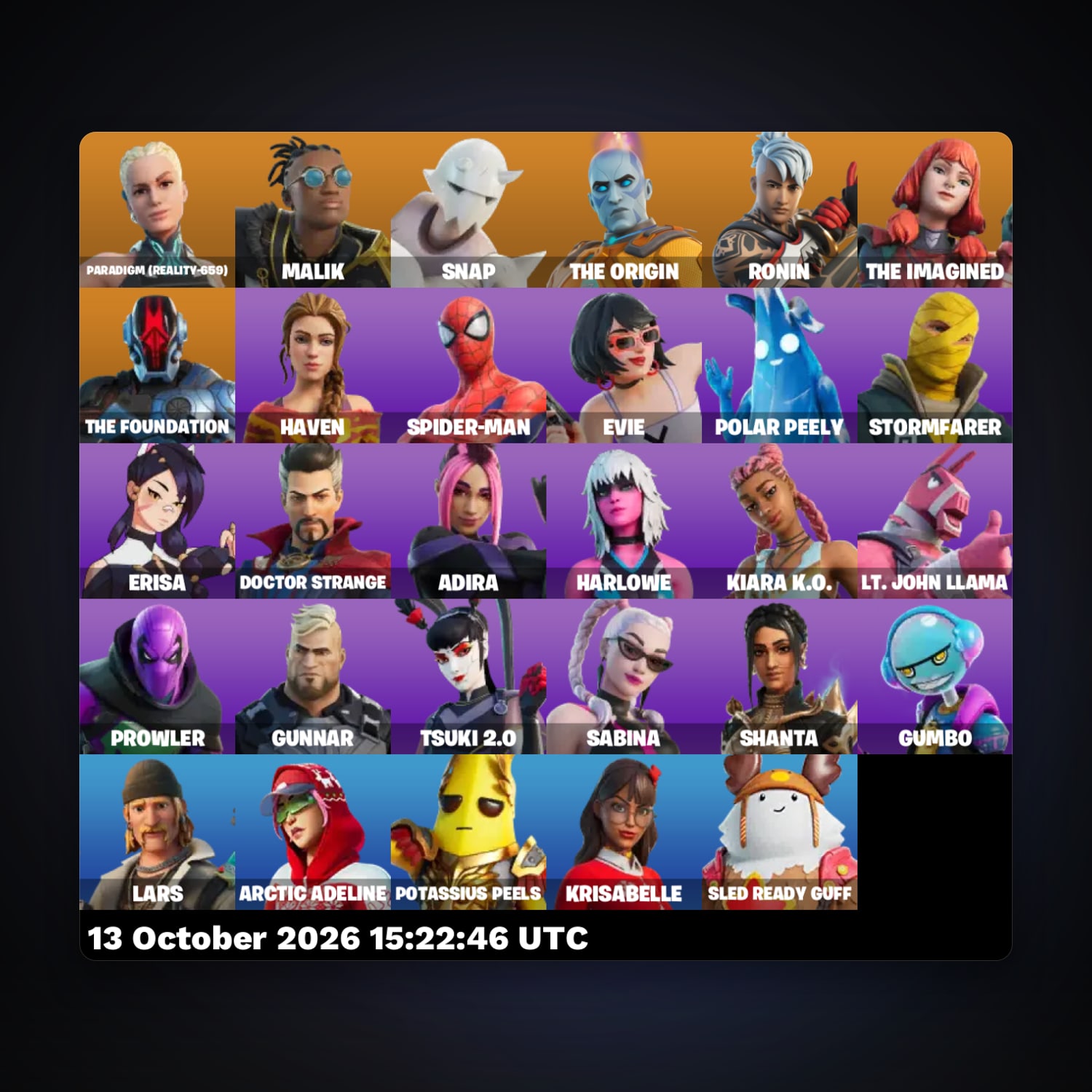 حساب فورتنايت Paradigm (Reality-659) وMalik، لوكر 29 سكن، 400 فيبوكس، لفل 705، 13 فوز — HabibiAccounts