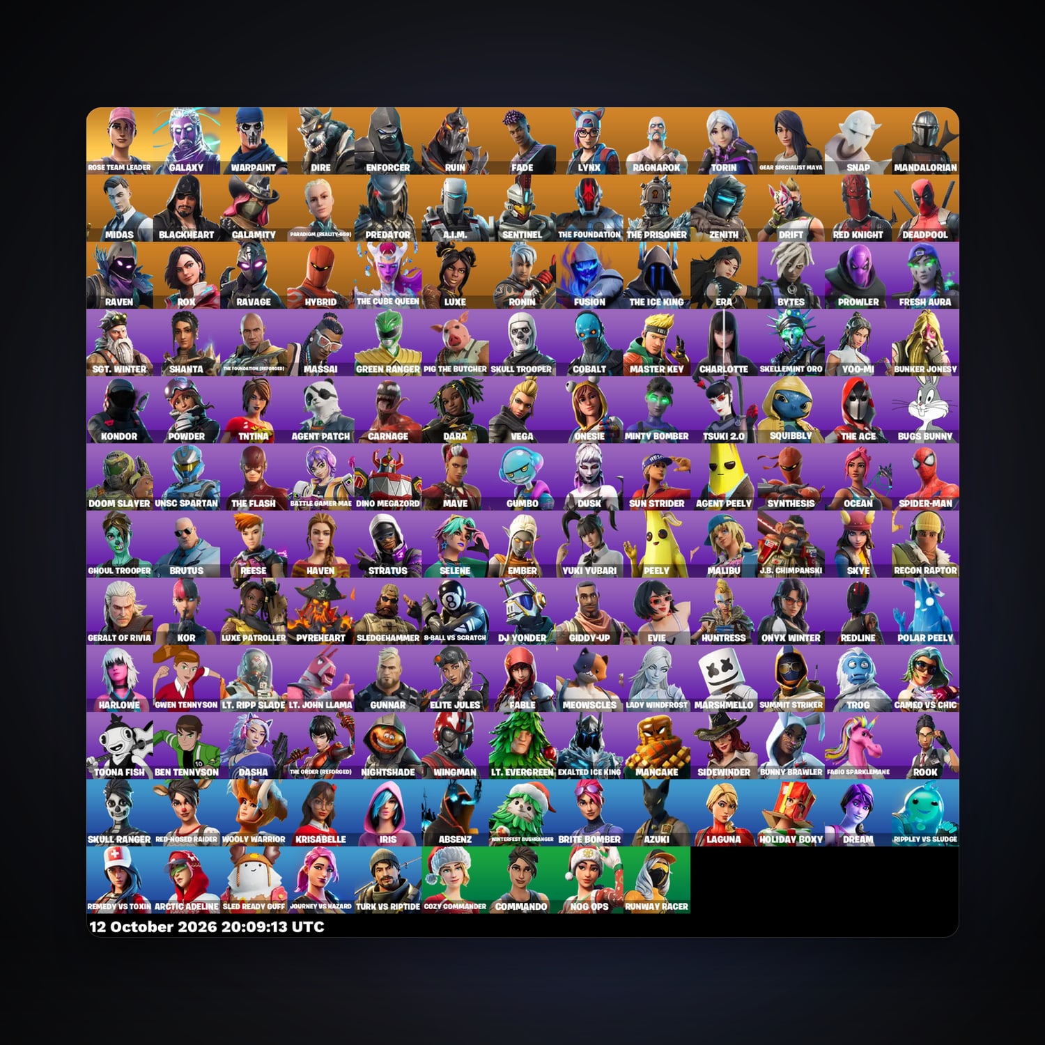 حساب فورتنايت Midas وDire، اللوكر مليان 152 سكن، 50 فيبوكس، لفل 2157، 140 فوز — HabibiAccounts