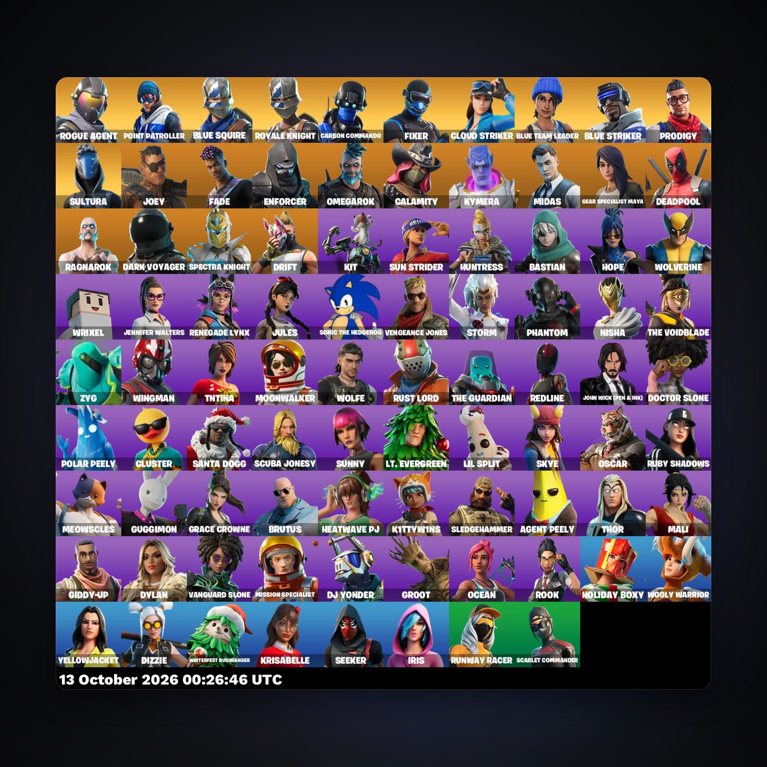 حساب فورتنايت Blue Squire وRoyale Knight، اللوكر مليان 88 سكن، 650 فيبوكس، لفل 1555، 129 فوز — HabibiAccounts