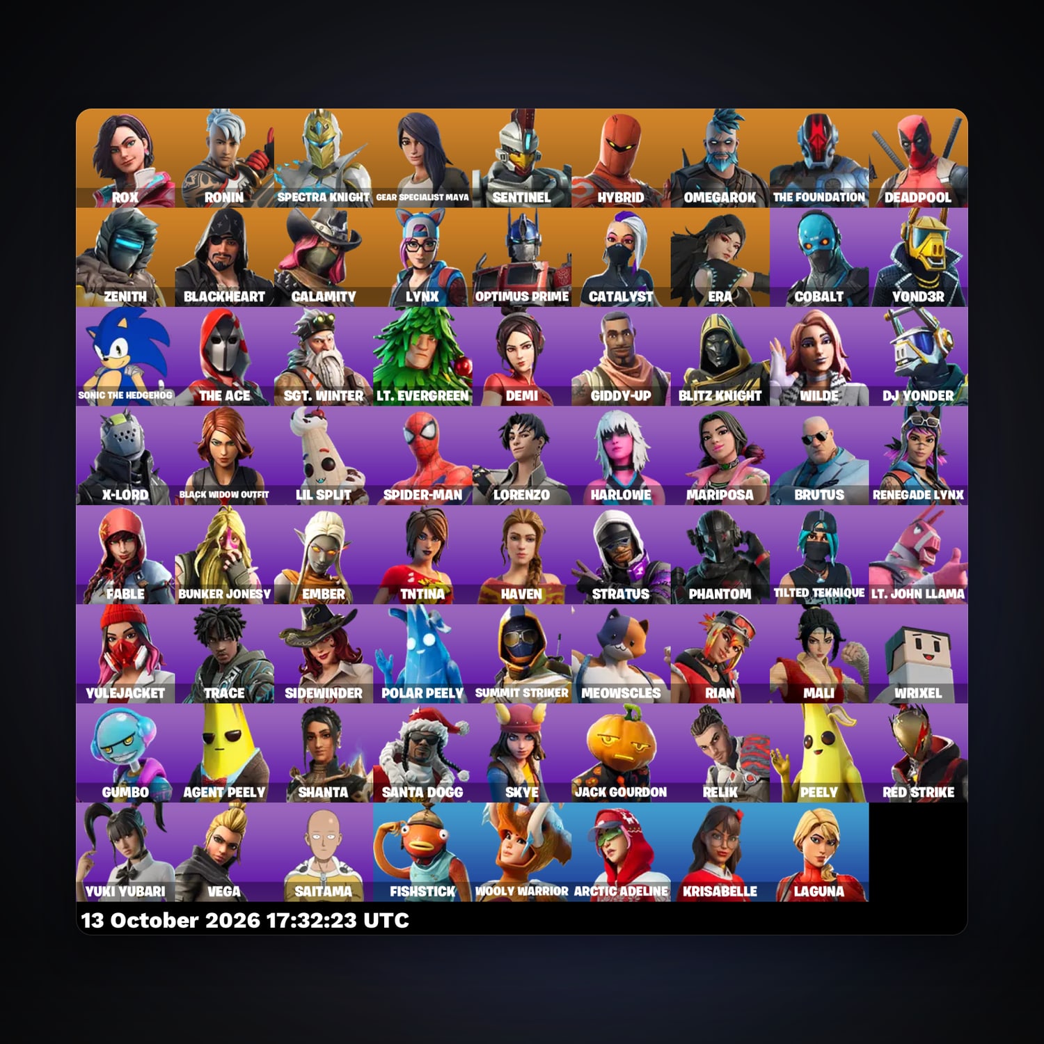 حساب فورتنايت Deadpool وRox، لوكر 71 سكن، 1.2K فيبوكس، لفل 1491، 128 فوز — HabibiAccounts