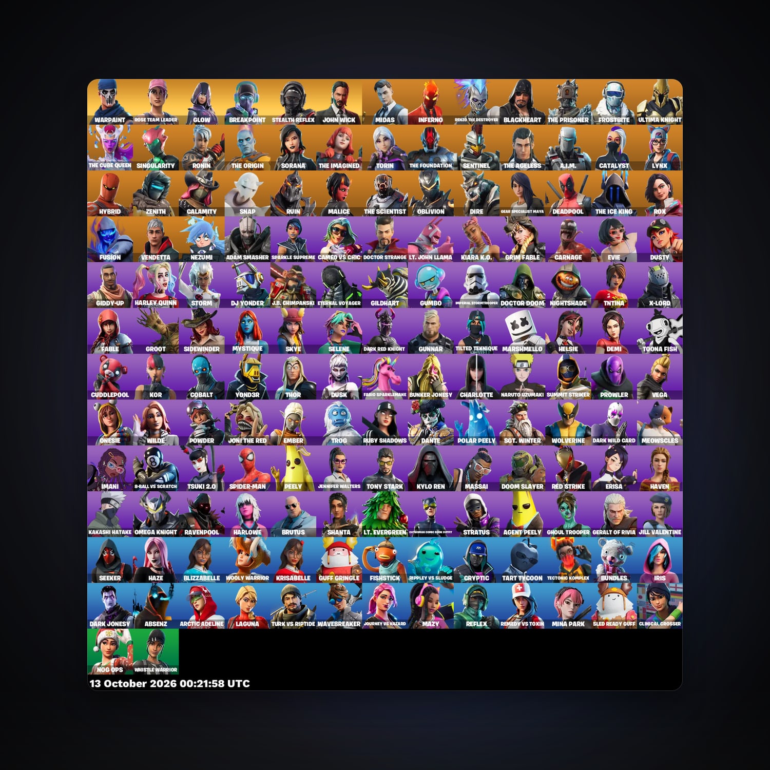 حساب فورتنايت Glow وMidas، اللوكر مليان 158 سكن، 950 فيبوكس، لفل 1686، 179 فوز — HabibiAccounts