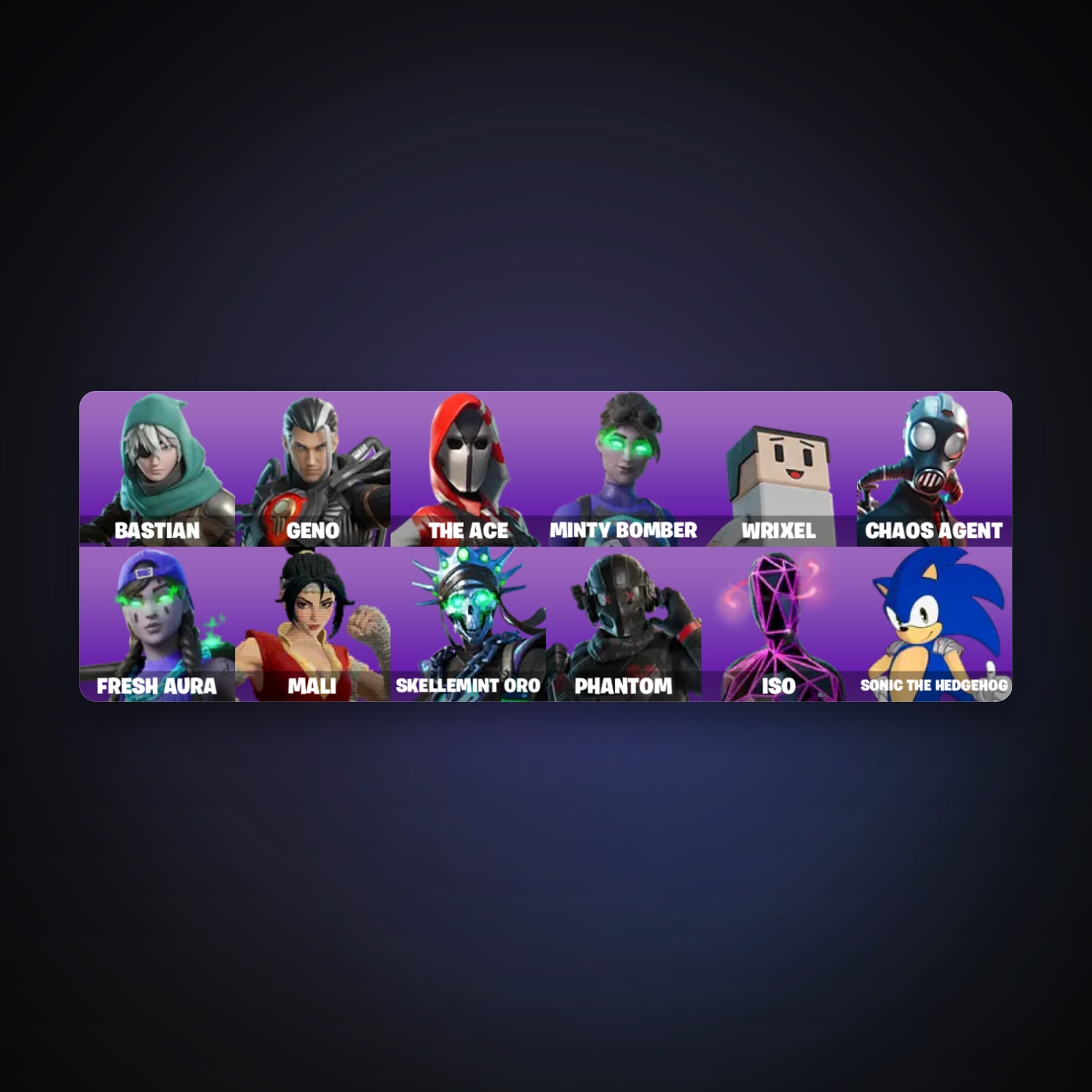 حساب فورتنايت Bastian وGeno، لوكر 14 سكن، 700 فيبوكس، لفل 715، 72 فوز — HabibiAccounts