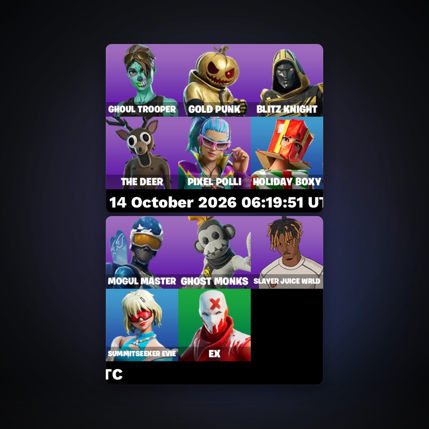 حساب فورتنايت Ghoul Trooper وGold Punk، لوكر 11 سكن، لفل 913، 63 فوز — HabibiAccounts