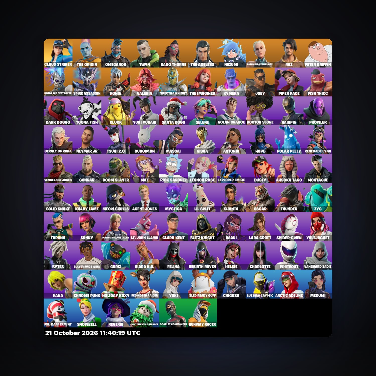 حساب فورتنايت The Origin وOmegarok، اللوكر مليان 96 سكن، 950 فيبوكس، لفل 2617، 288 فوز — HabibiAccounts