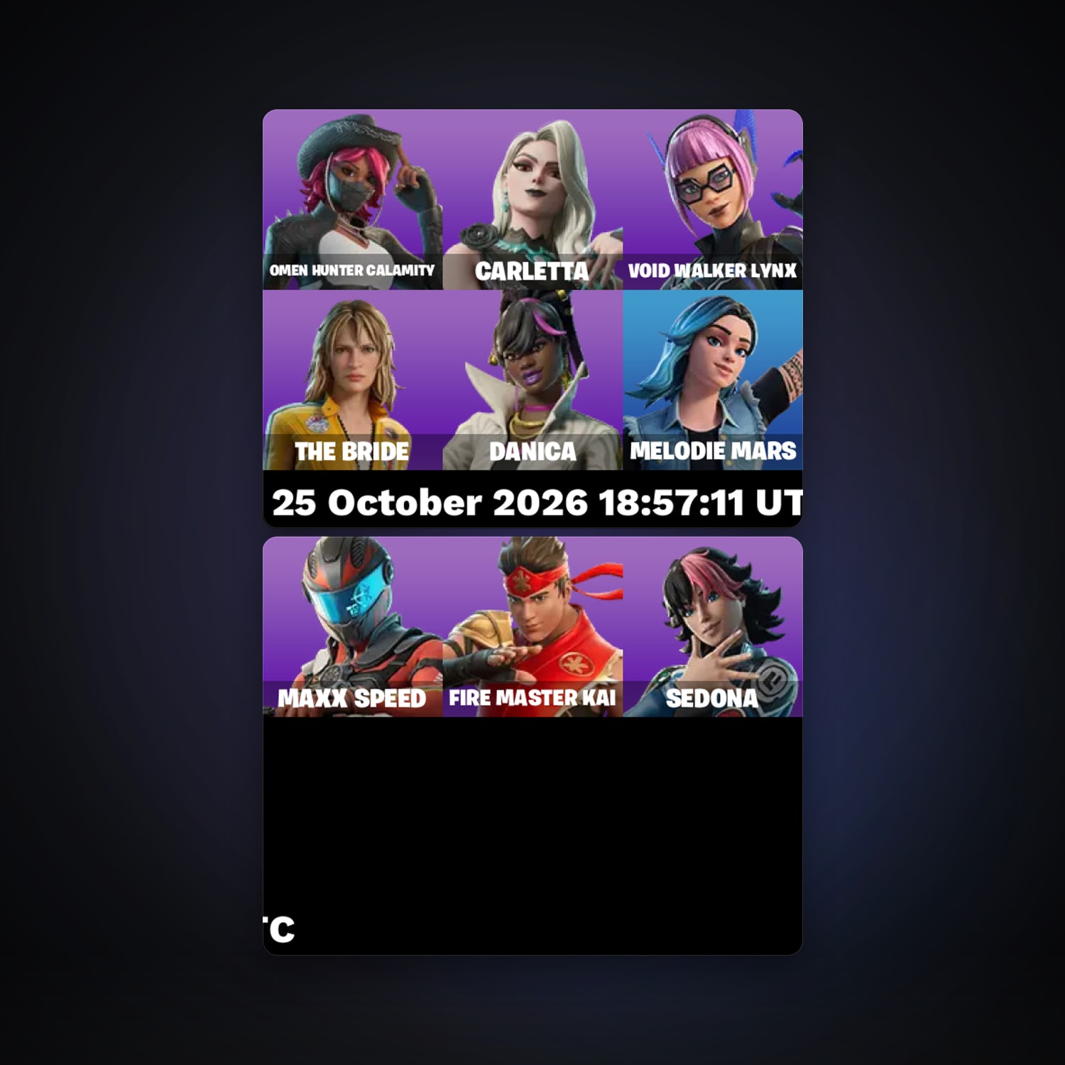 Fortnite account with Omen Hunter Calamity & Carletta — 9 skins — 1.2K V-Bucks — lvl 110 — HabibiAccounts