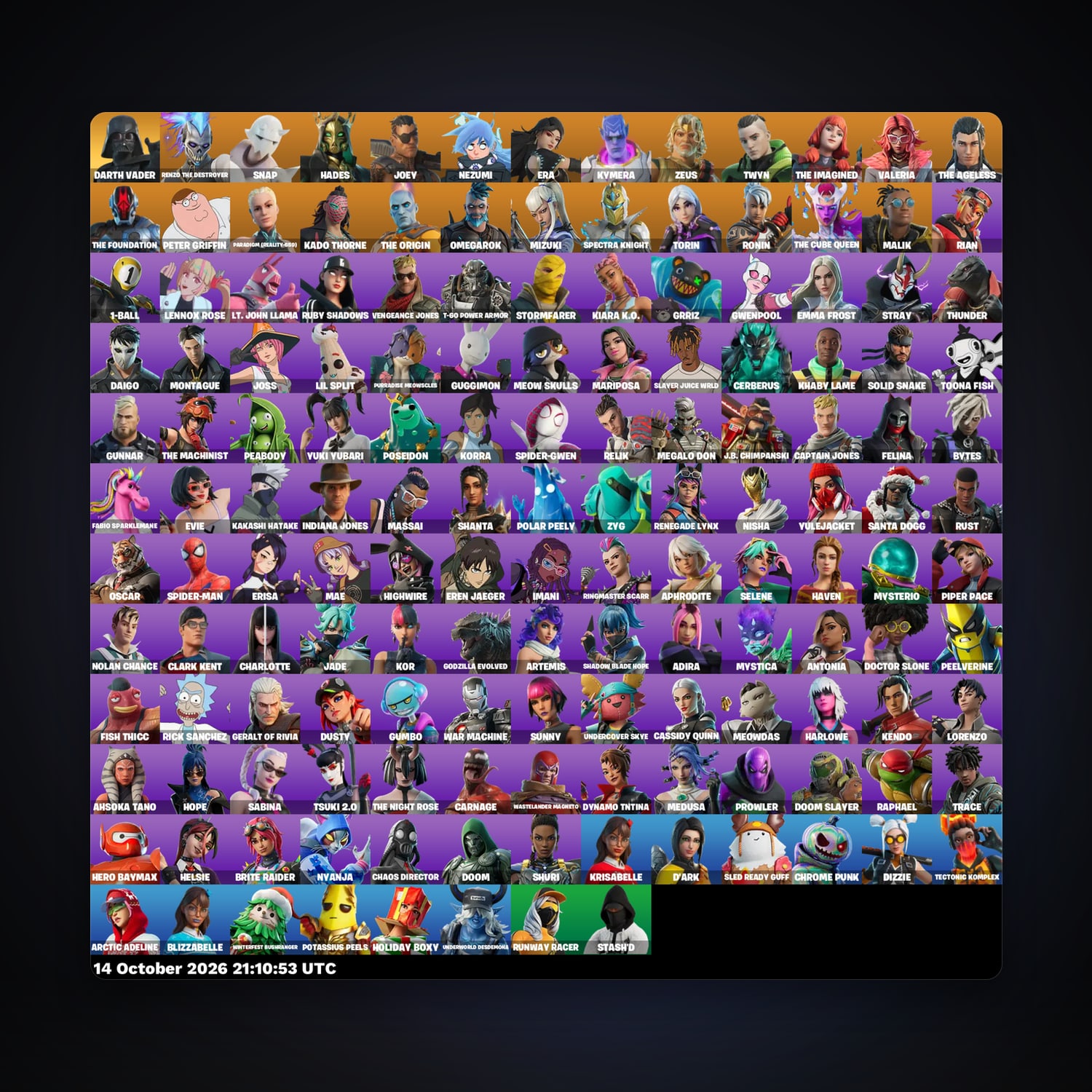 حساب فورتنايت Renzo the Destroyer وSnap، اللوكر مليان 151 سكن، 1.4K فيبوكس، لفل 2008، 311 فوز — HabibiAccounts