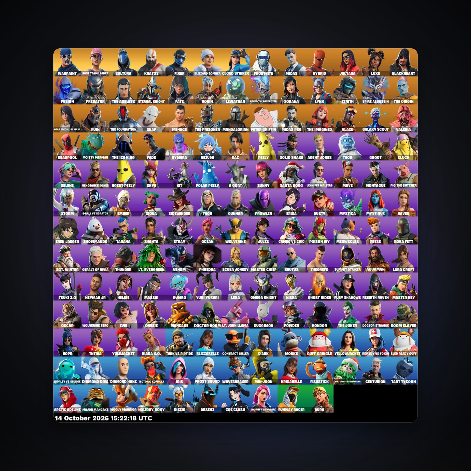 حساب فورتنايت Midas وFrostbite، اللوكر مليان 166 سكن، 350 فيبوكس، لفل 1961، 177 فوز — HabibiAccounts