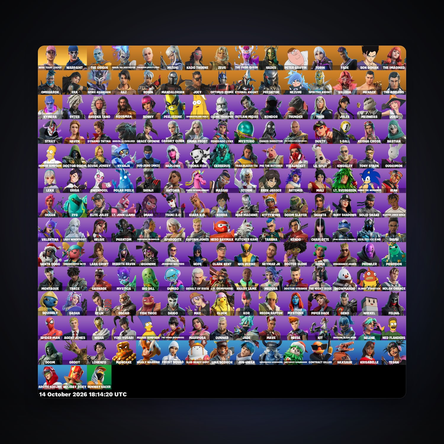 حساب فورتنايت Rose Team Leader وWarpaint، اللوكر مليان 198 سكن، 750 فيبوكس، لفل 3064، 262 فوز — HabibiAccounts