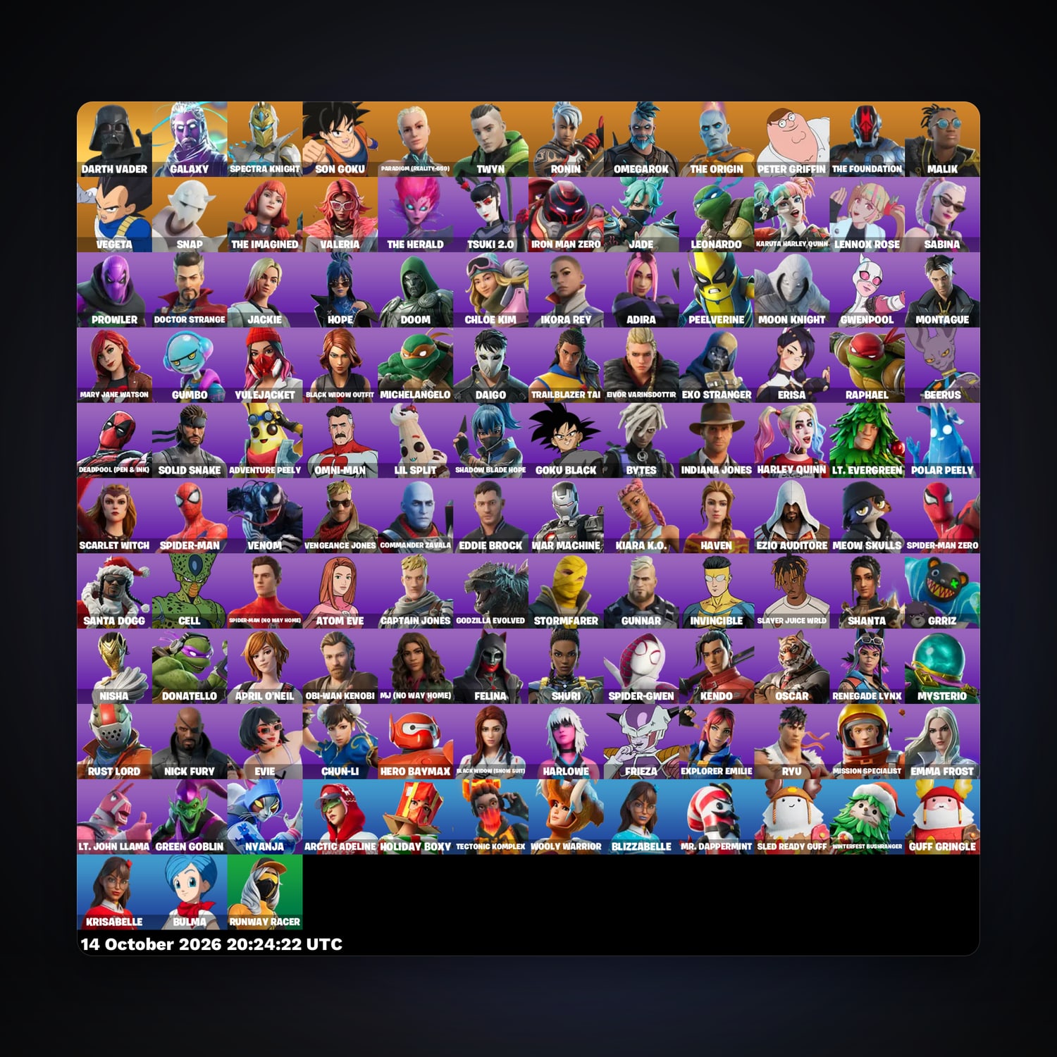 حساب فورتنايت Spectra Knight وSon Goku، اللوكر مليان 123 سكن، 400 فيبوكس، لفل 1094، 230 فوز — HabibiAccounts