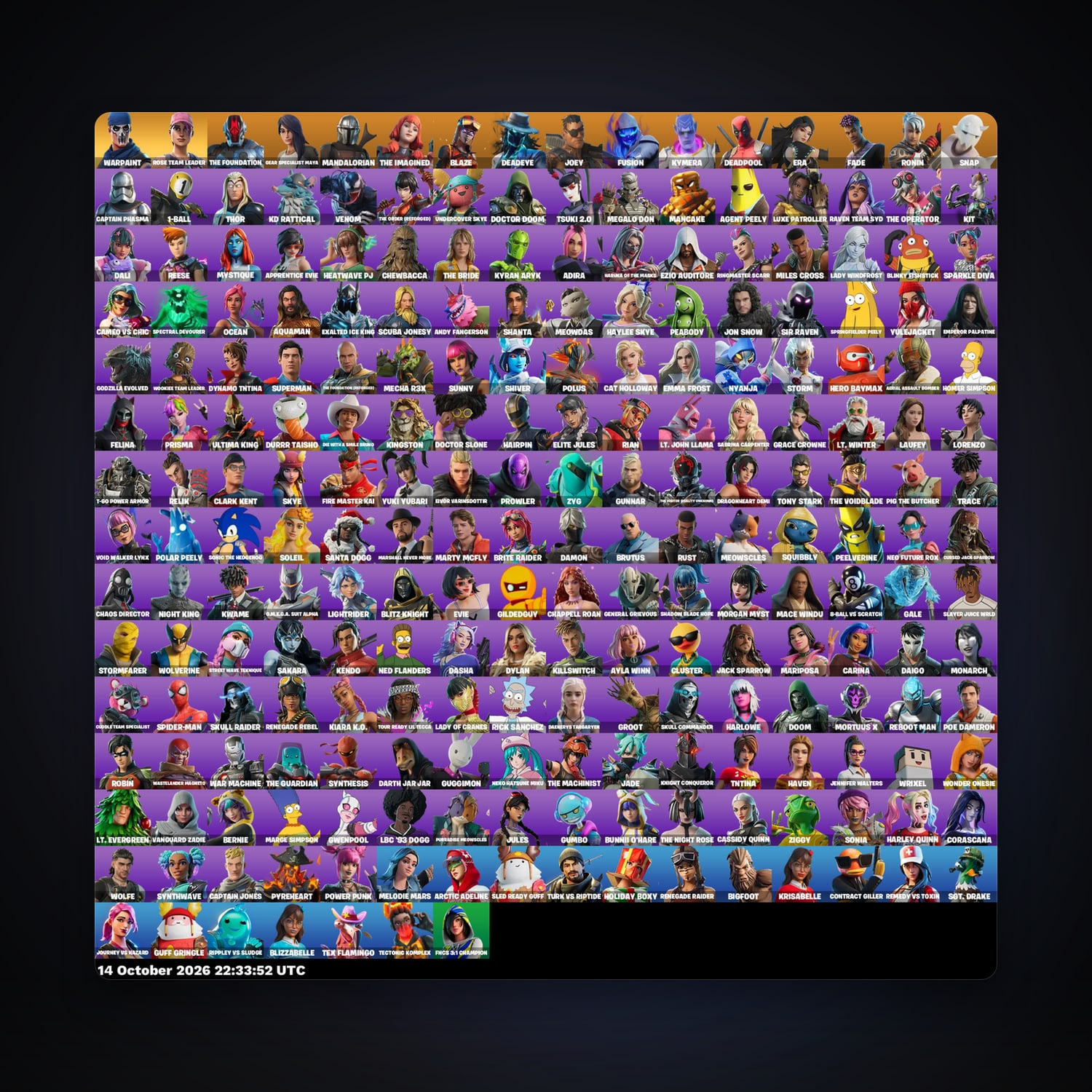 حساب فورتنايت Deadpool وWarpaint، اللوكر مليان 231 سكن، 2.1K فيبوكس، لفل 2209، 233 فوز — HabibiAccounts