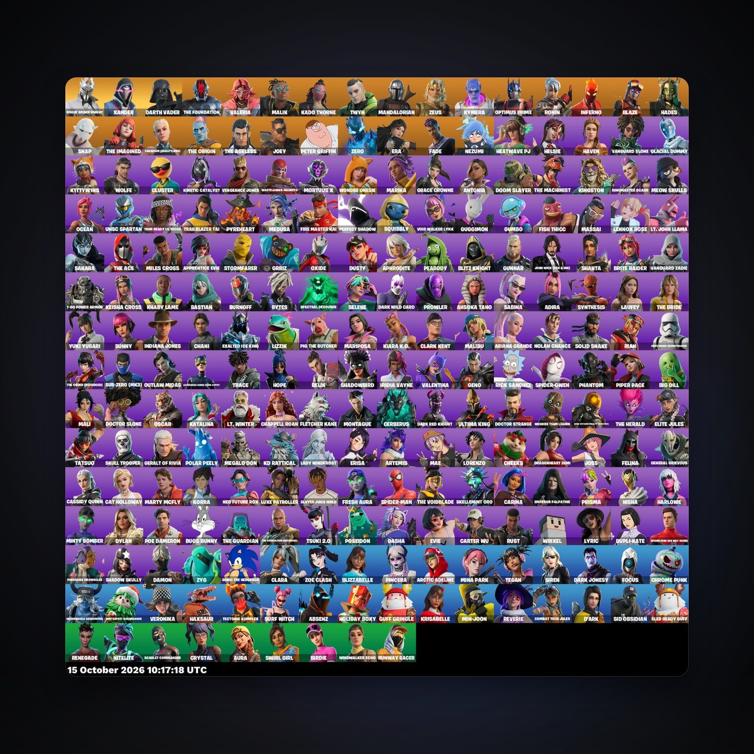 حساب فورتنايت Rogue Spider Knight وThe Foundation، اللوكر مليان 233 سكن، 50 فيبوكس، لفل 6280، 529 فوز — HabibiAccounts