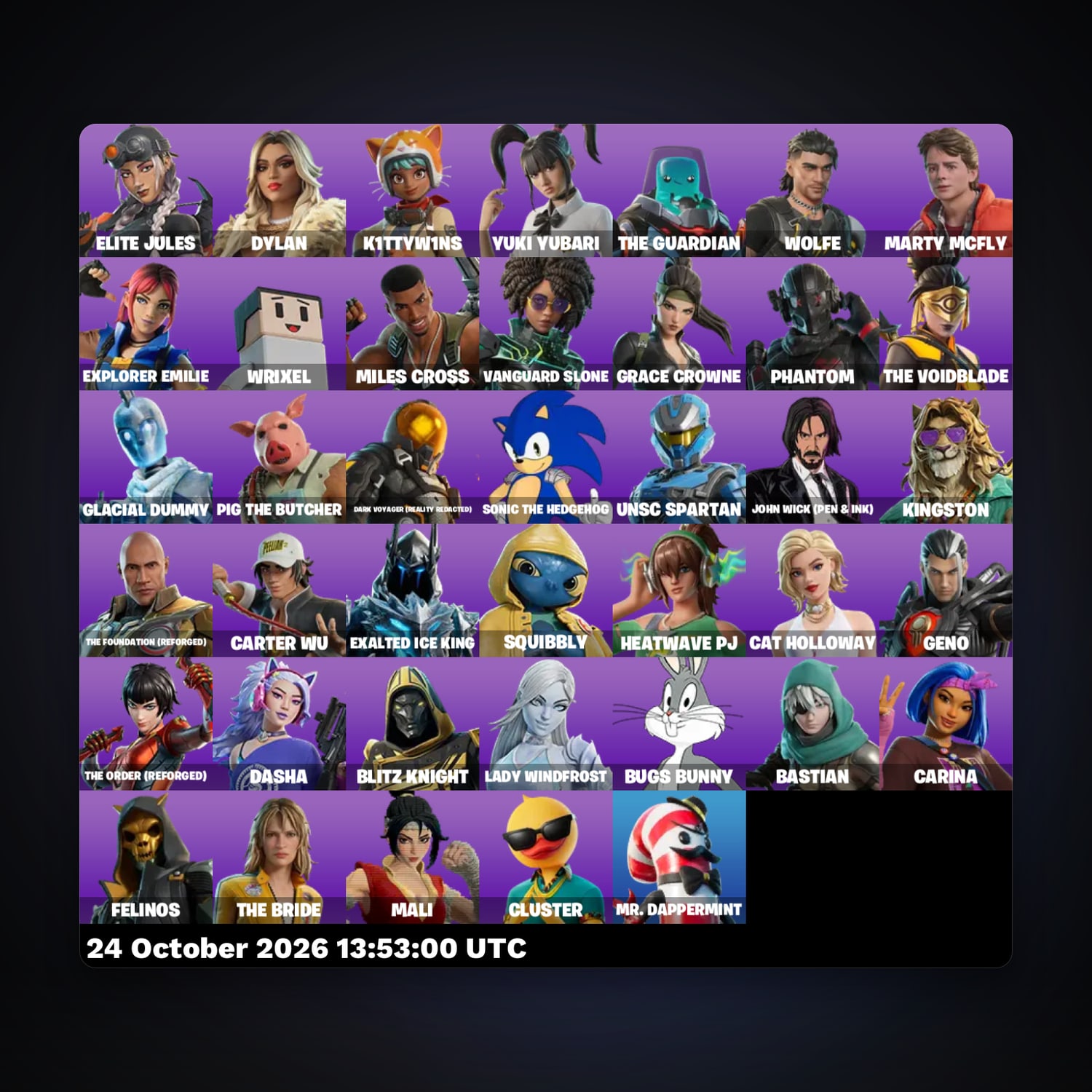 حساب فورتنايت Elite Jules وDylan، لوكر 40 سكن، 1.1K فيبوكس، لفل 1510، 70 فوز — HabibiAccounts
