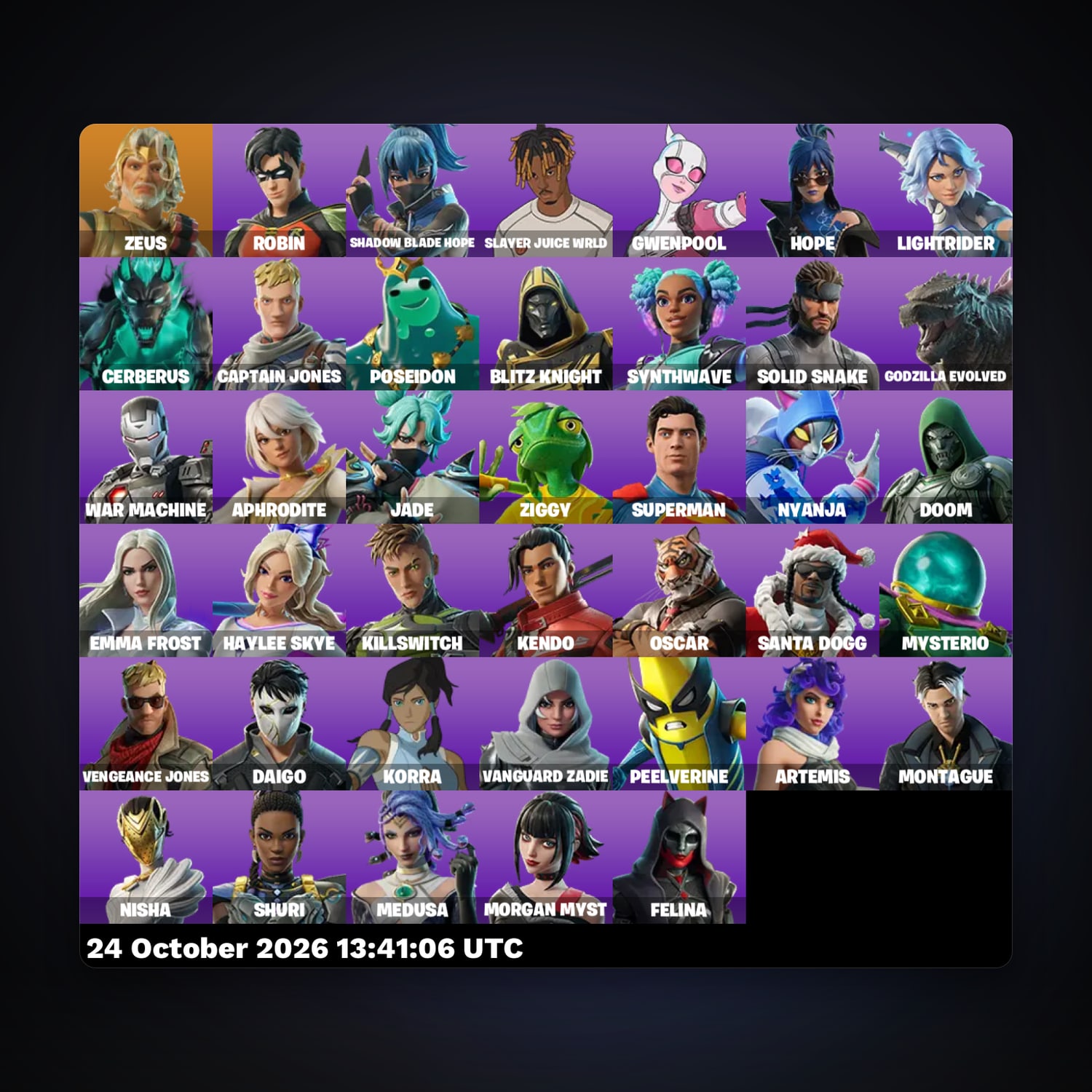 حساب فورتنايت Zeus وRobin، لوكر 40 سكن، 1.4K فيبوكس، لفل 1107، 102 فوز — HabibiAccounts