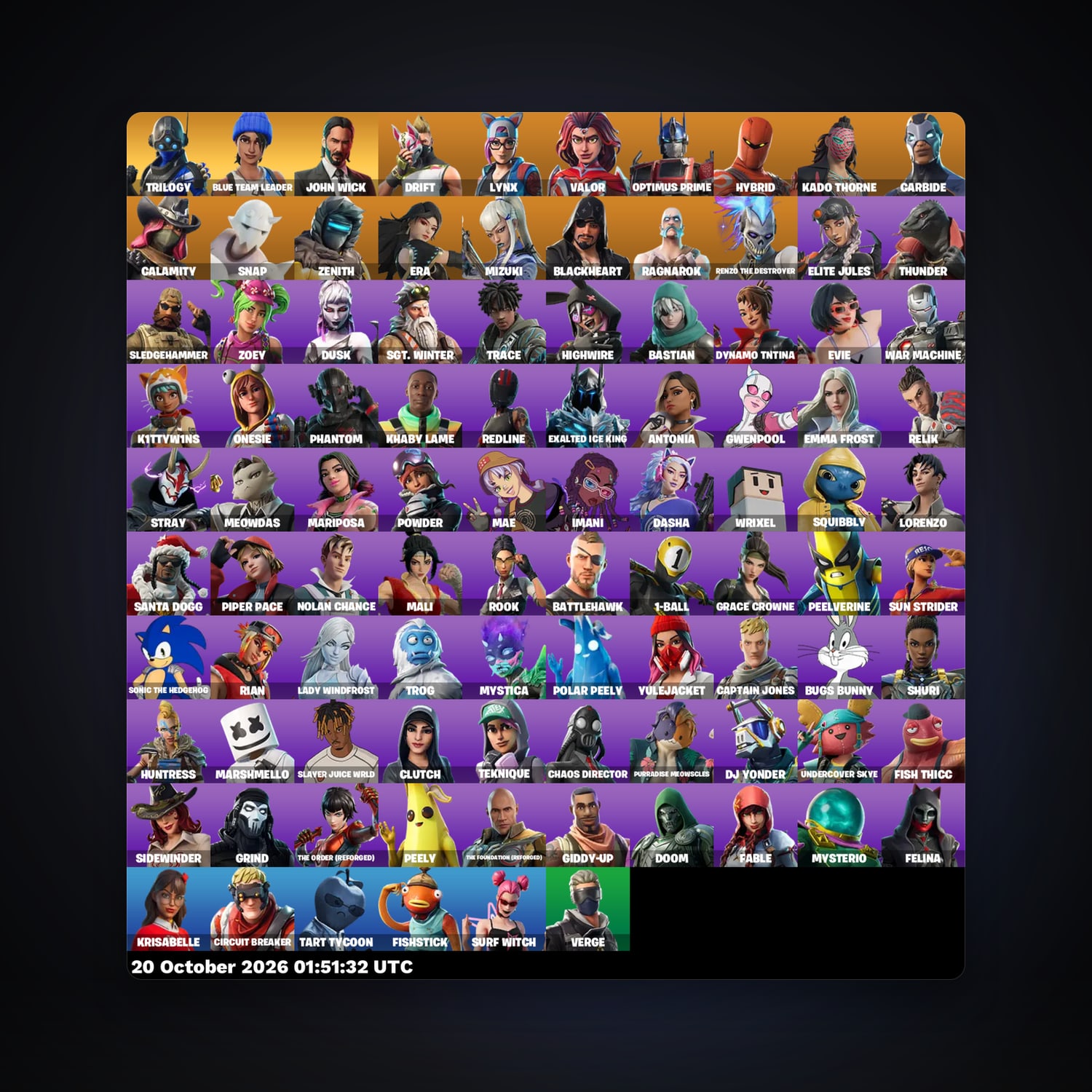 حساب فورتنايت Carbide وDrift، اللوكر مليان 96 سكن، 900 فيبوكس، لفل 2080، 153 فوز — HabibiAccounts