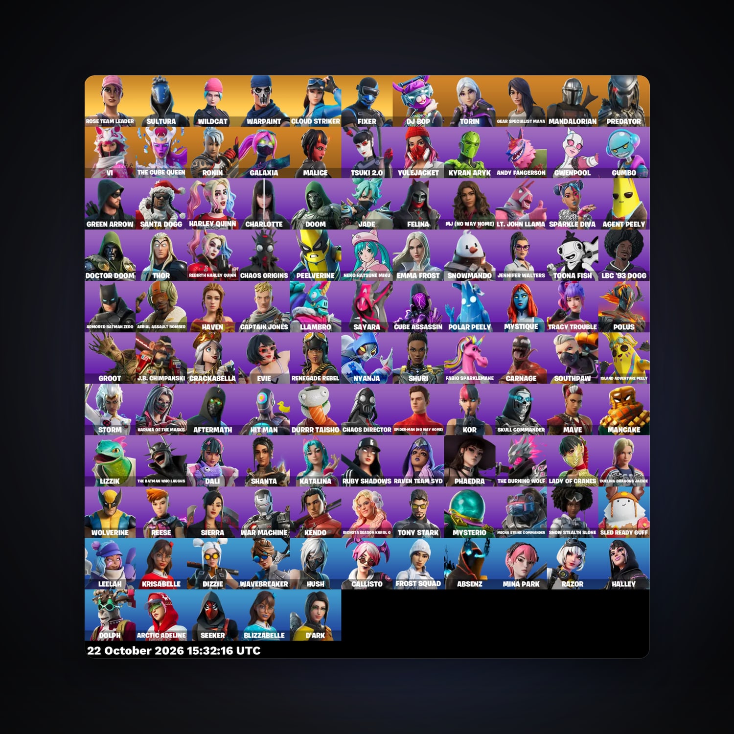 حساب فورتنايت DJ Bop وTorin، اللوكر مليان 115 سكن، 4.3K فيبوكس، لفل 824، 56 فوز — HabibiAccounts
