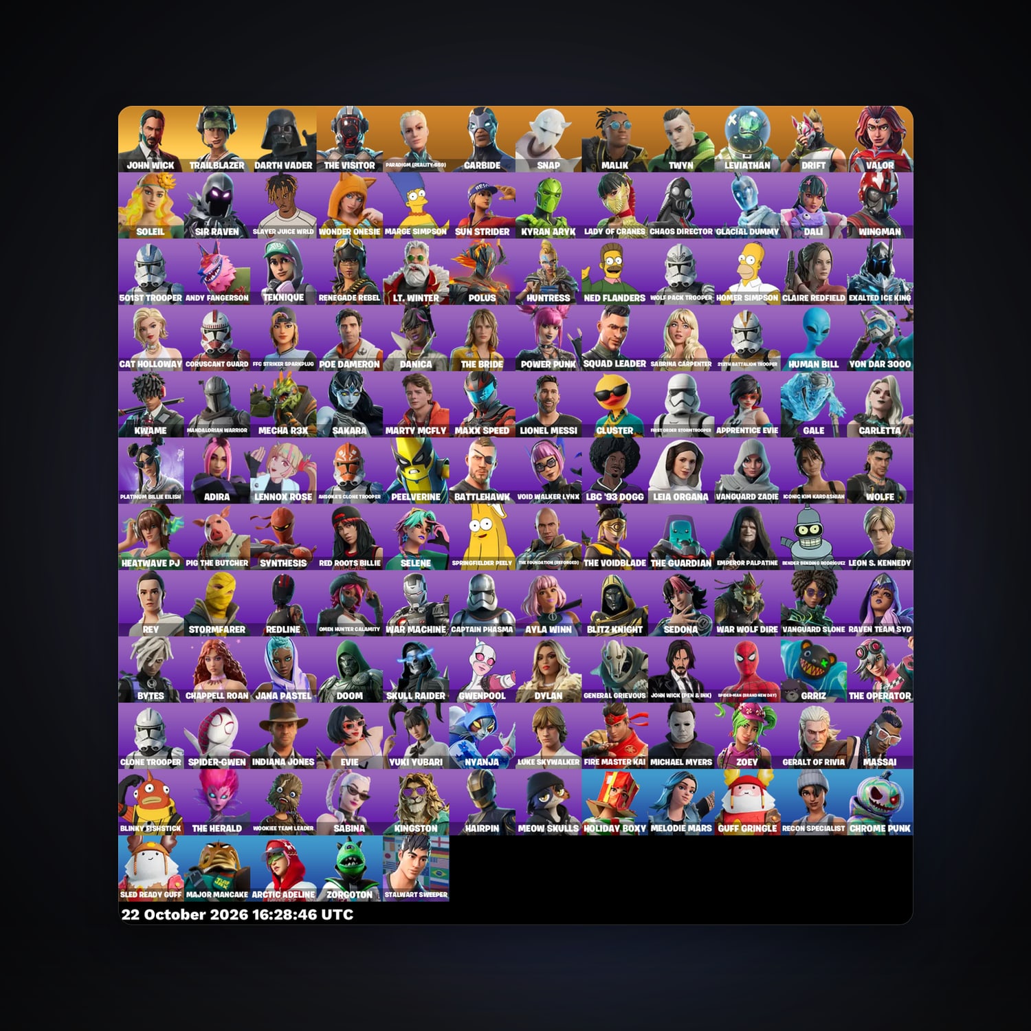 حساب فورتنايت Leviathan وCarbide، اللوكر مليان 137 سكن، لفل 1230، 129 فوز — HabibiAccounts